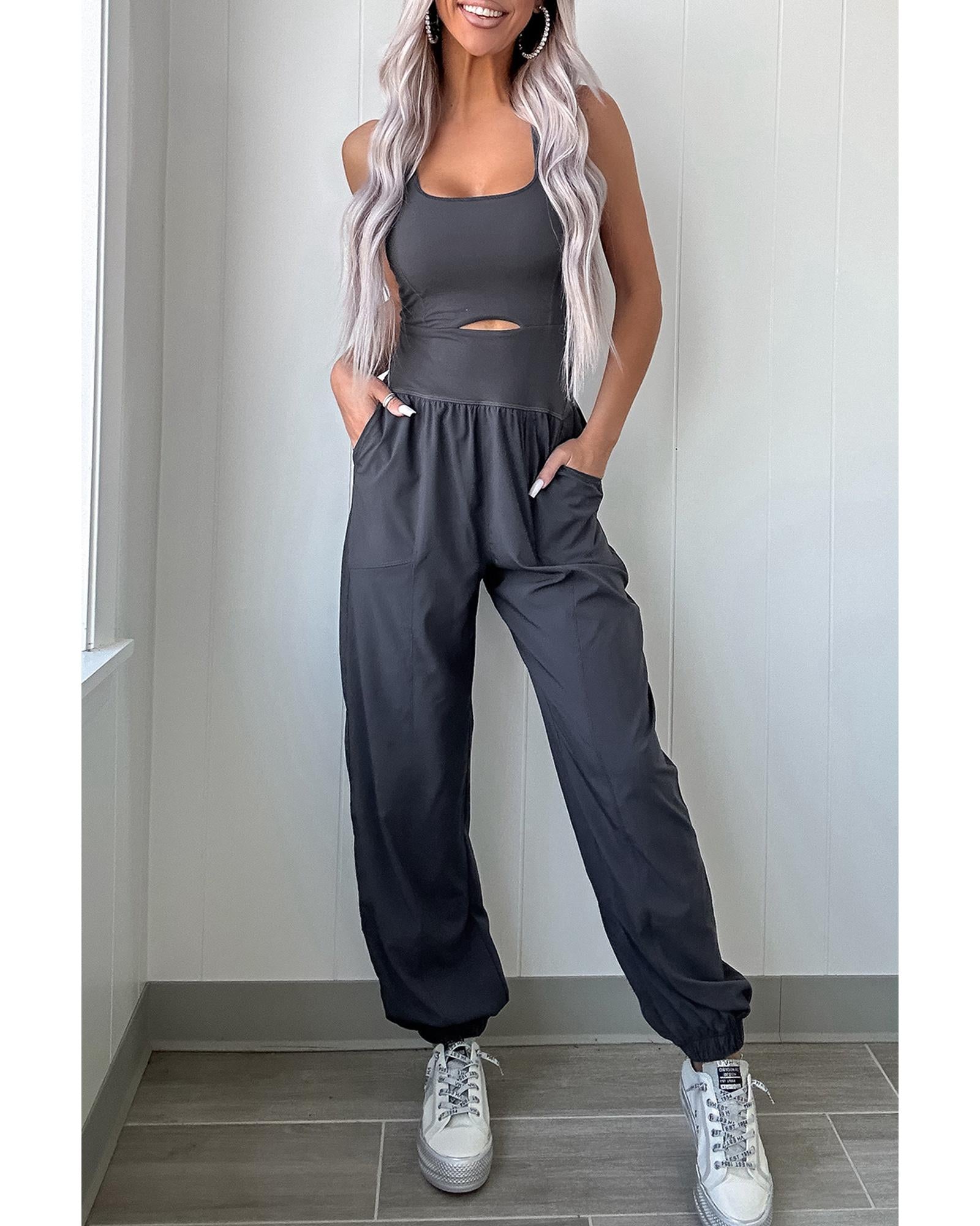 Carbon Grey Back Crossed Straps Hollow Out Jogger Jumpsuit - XL