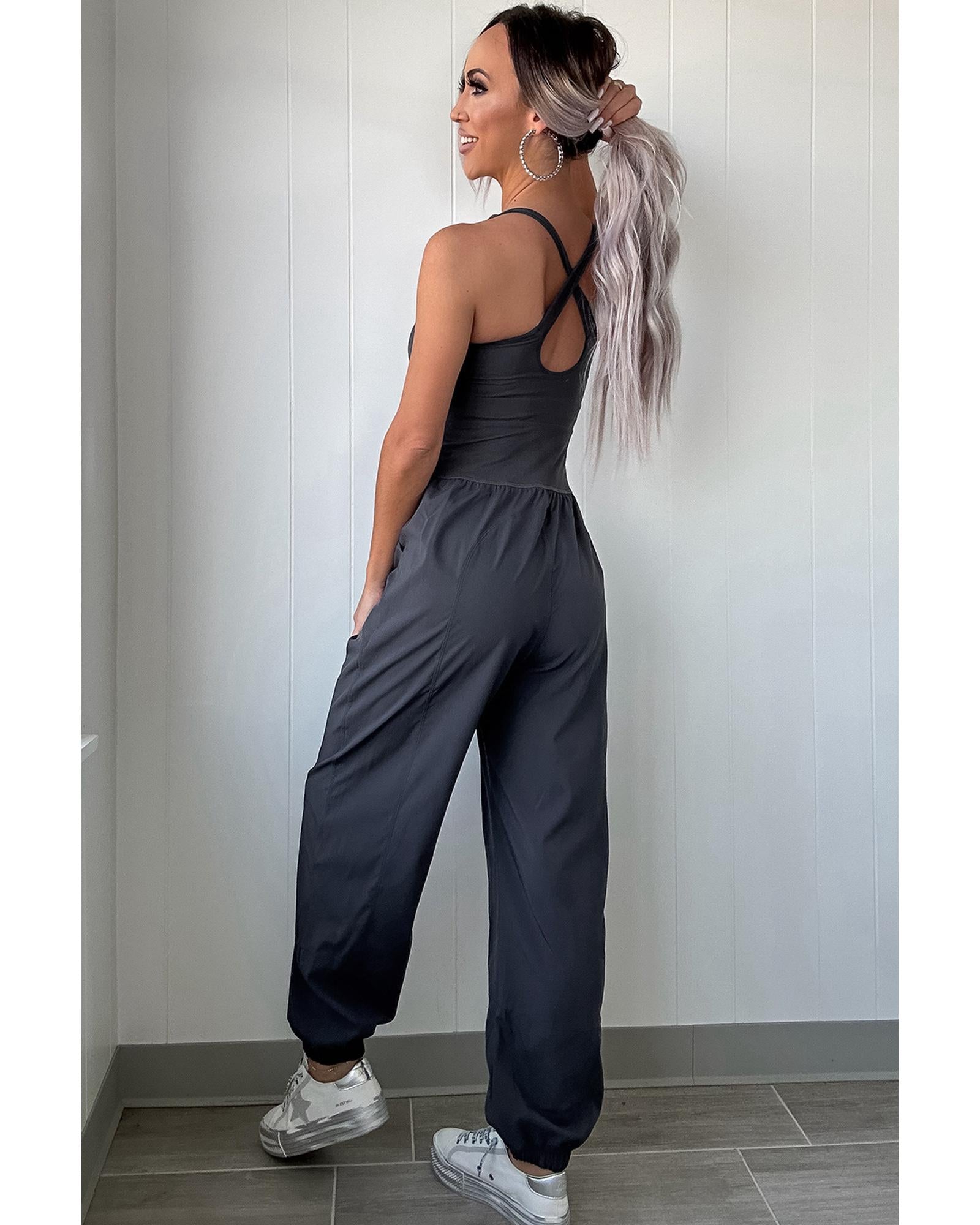 Carbon Grey Back Crossed Straps Hollow Out Jogger Jumpsuit - XL
