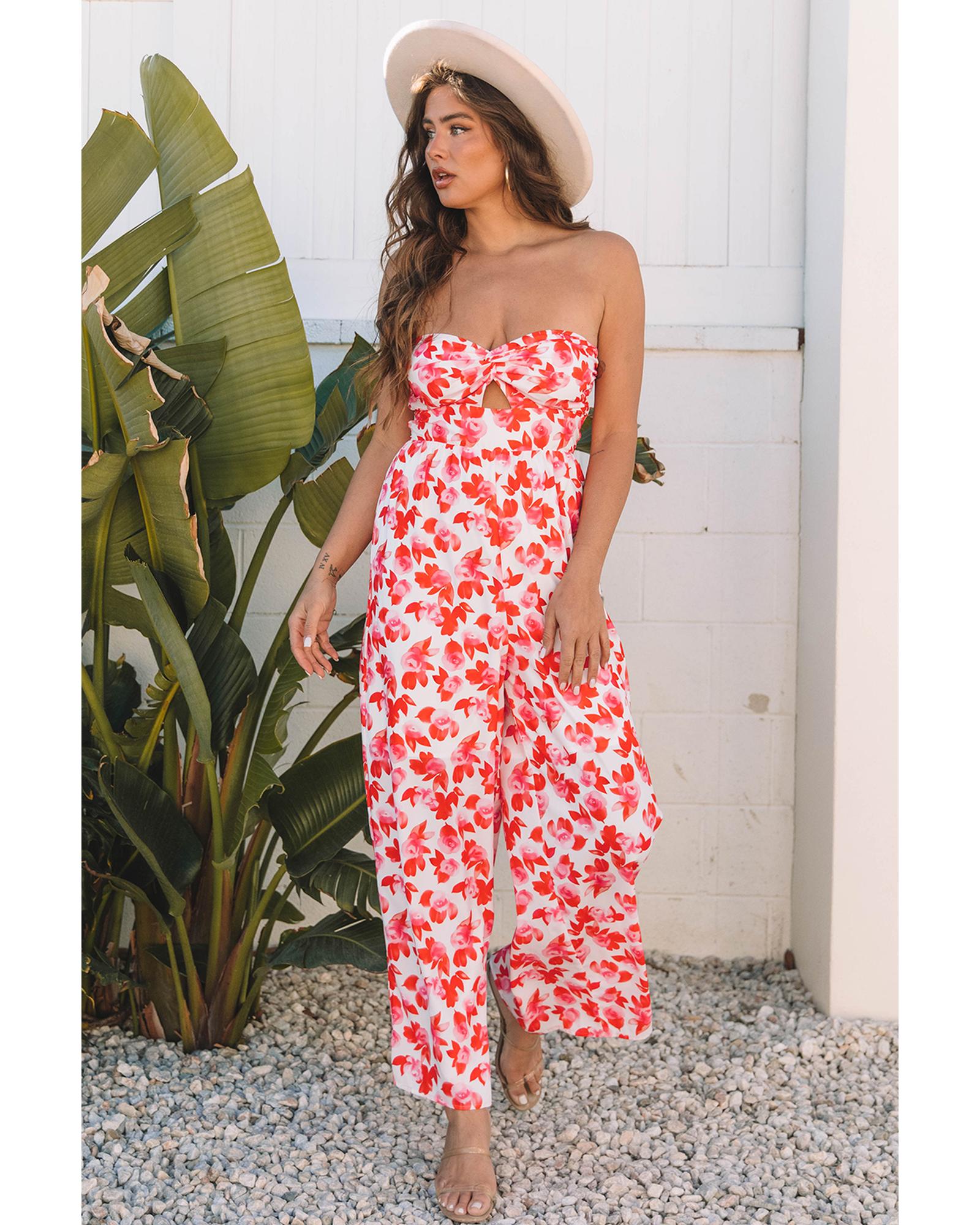 Pink Floral Print Twisted Bandeau Keyhole Pleated Wide Leg Jumpsuit - L