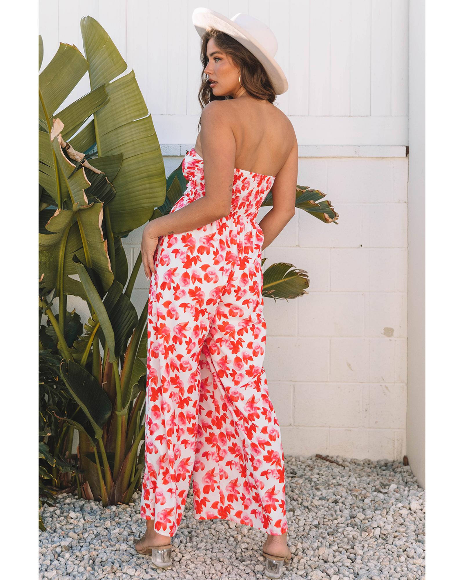 Pink Floral Print Twisted Bandeau Keyhole Pleated Wide Leg Jumpsuit - L