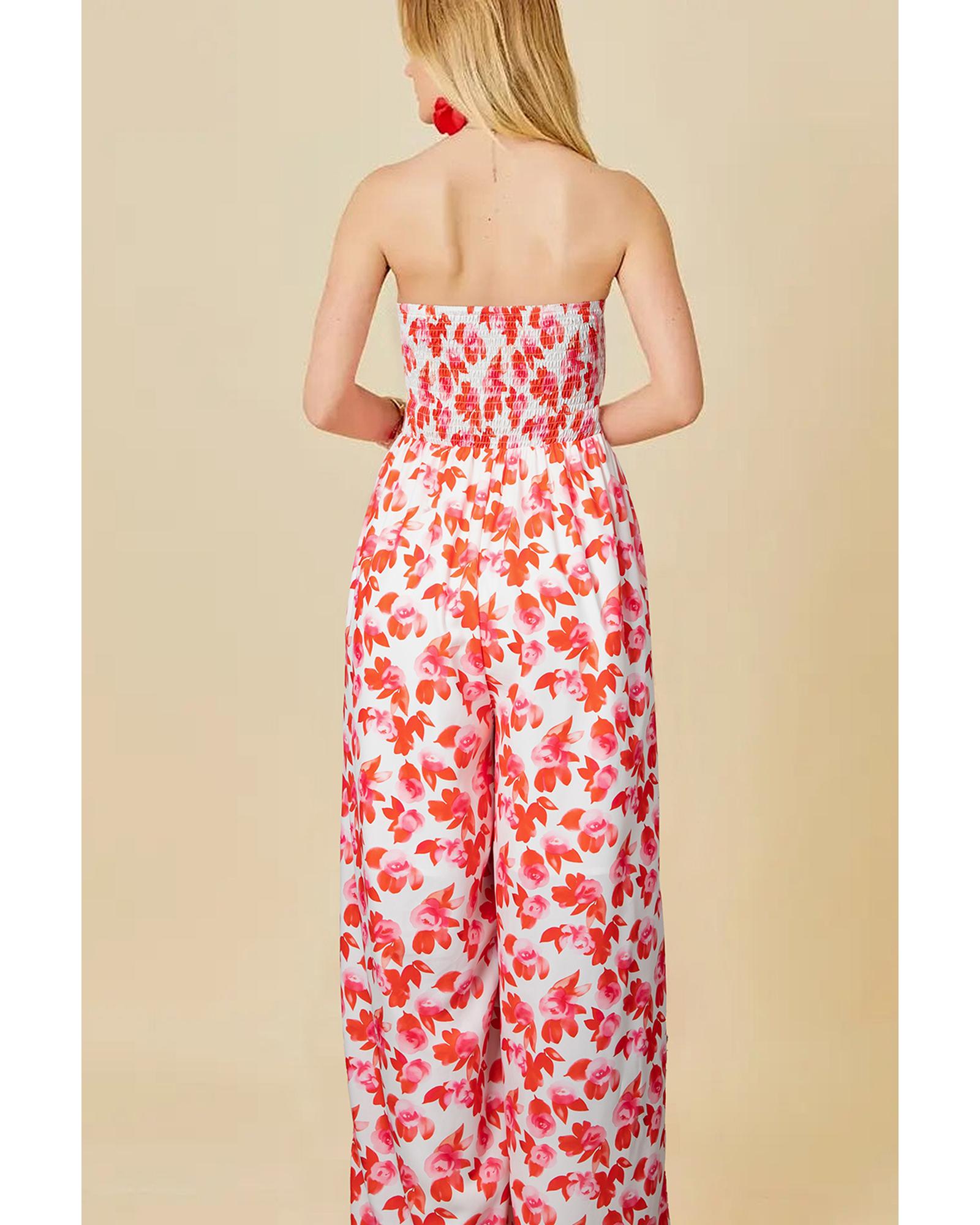 Pink Floral Print Twisted Bandeau Keyhole Pleated Wide Leg Jumpsuit - L