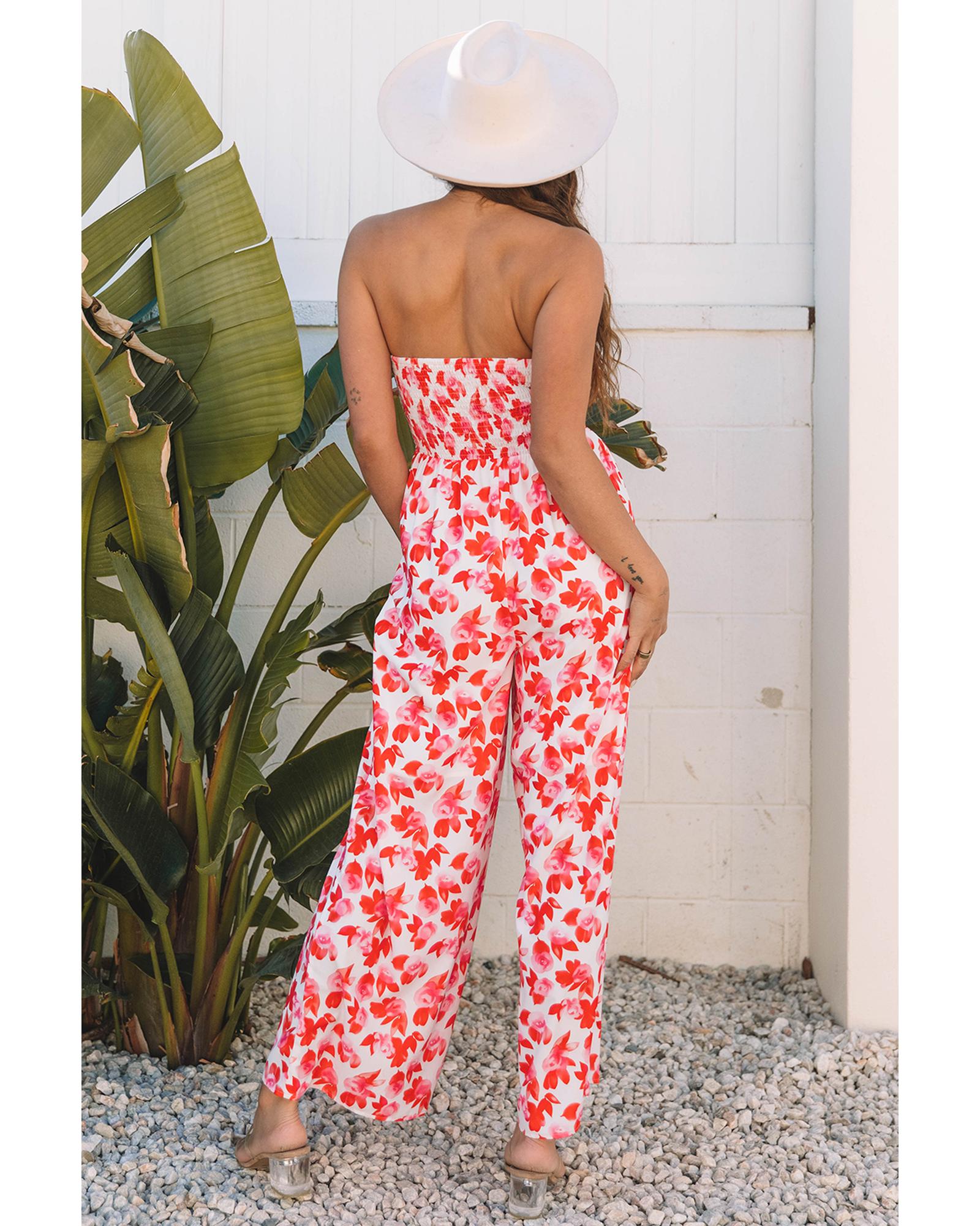 Pink Floral Print Twisted Bandeau Keyhole Pleated Wide Leg Jumpsuit - M