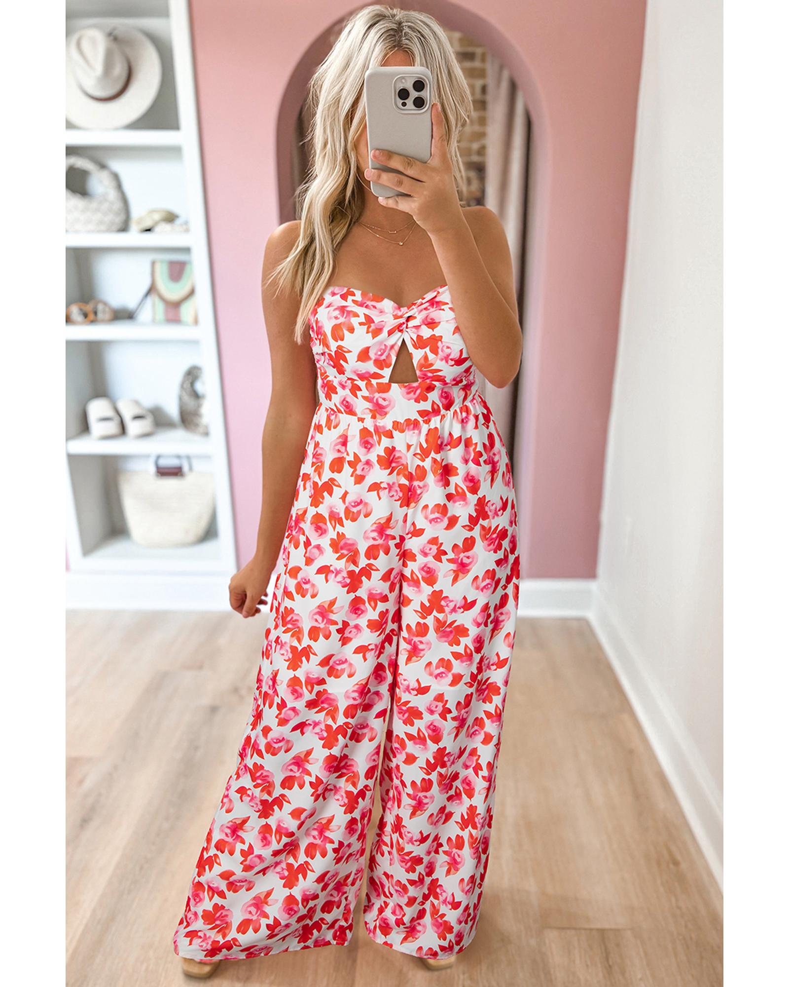 Pink Floral Print Twisted Bandeau Keyhole Pleated Wide Leg Jumpsuit - M