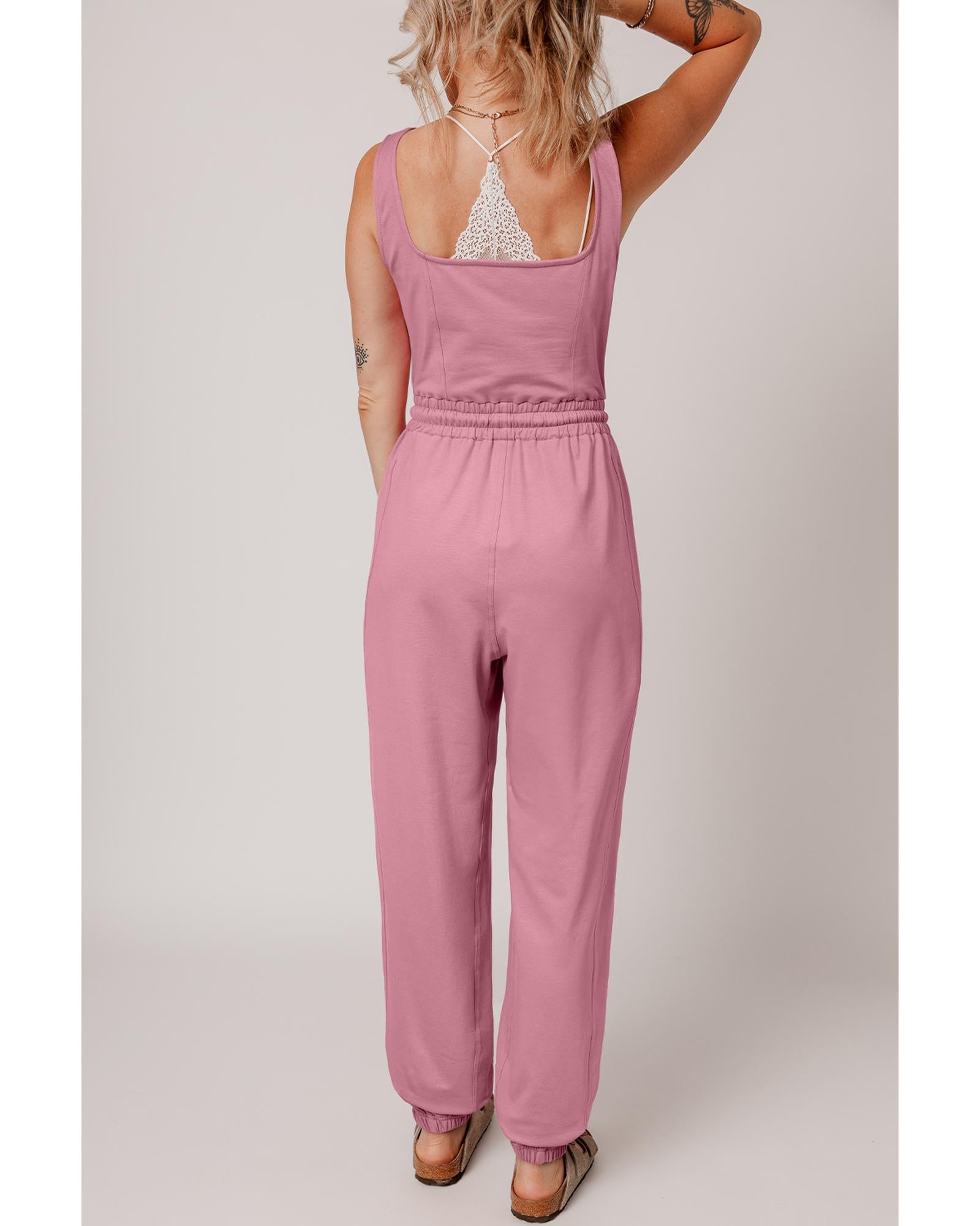 Light Pink Lace-up Elastic Waist Sleeveless Square Neck Jumpsuit - M