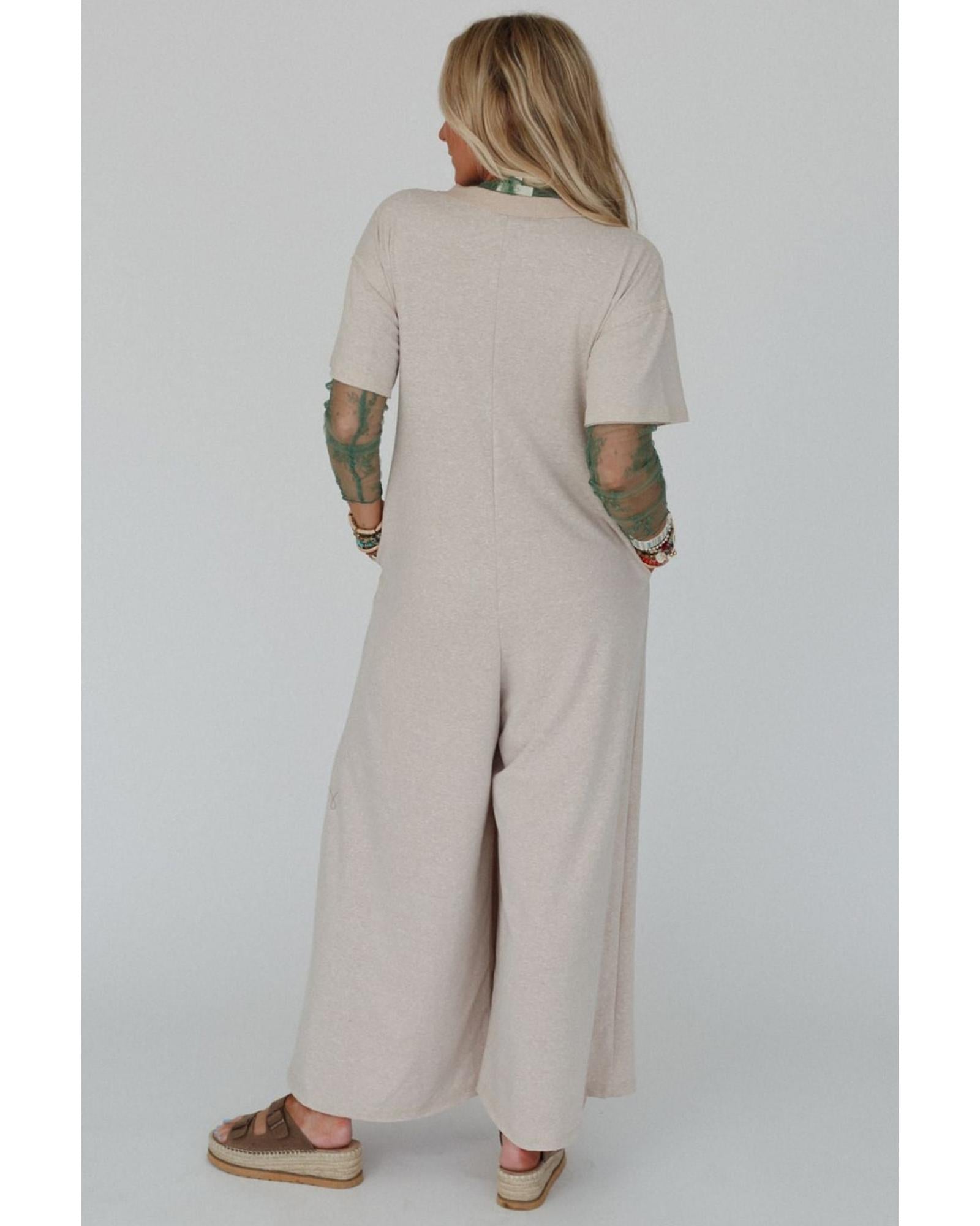 Beige Half Placket Chest Pockets Short Sleeve Wide Leg Jumpsuit - M