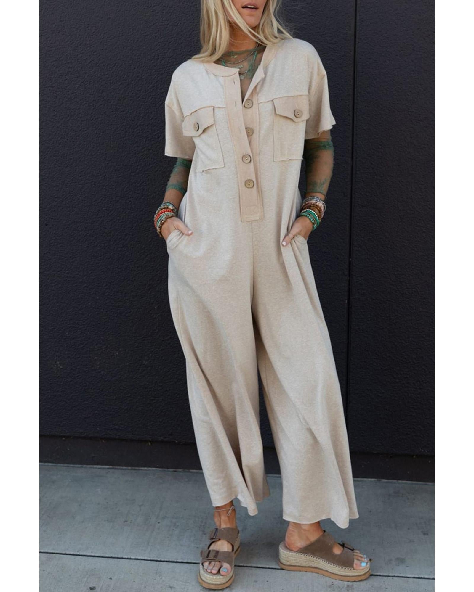 Beige Half Placket Chest Pockets Short Sleeve Wide Leg Jumpsuit - S