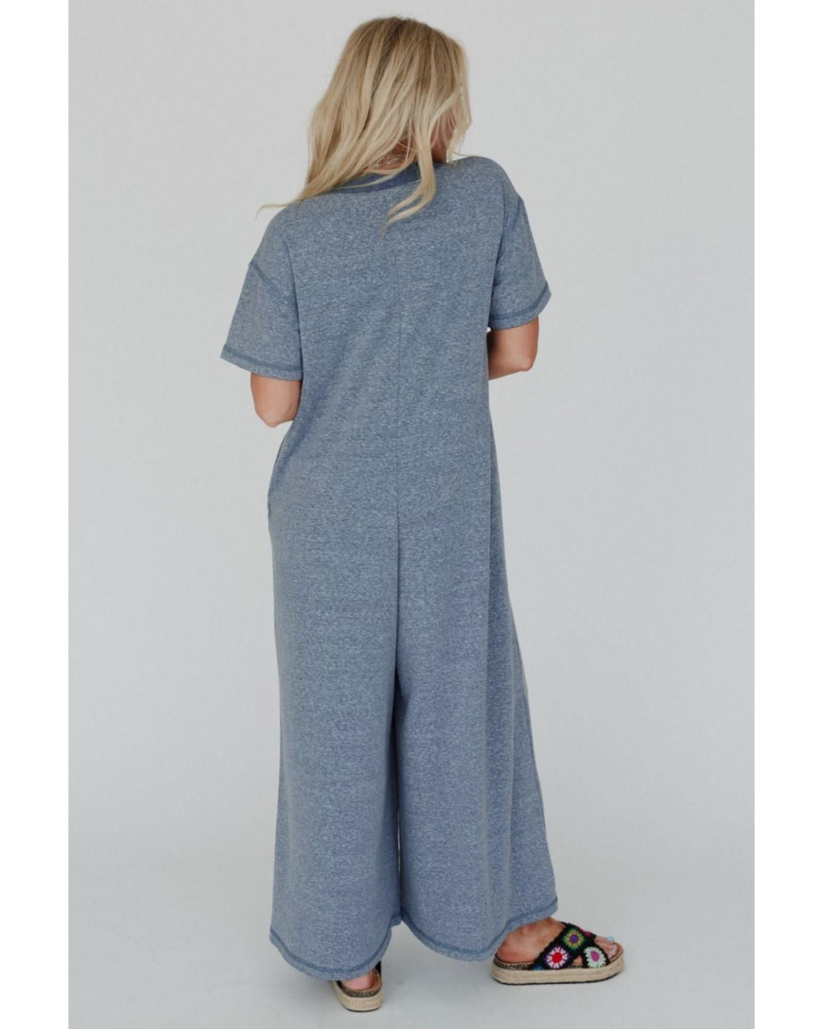 Beau Blue Half Placket Chest Pockets Short Sleeve Wide Leg Jumpsuit - L
