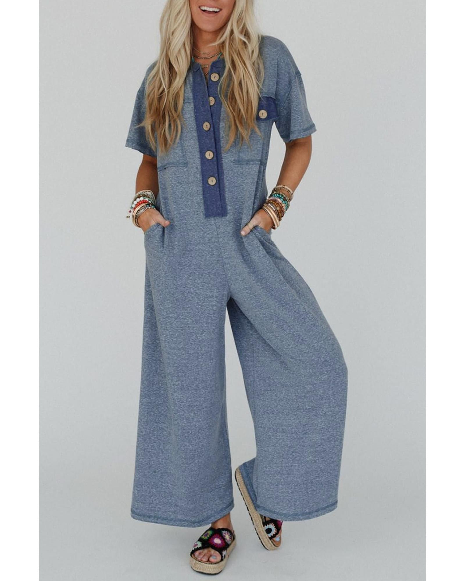 Beau Blue Half Placket Chest Pockets Short Sleeve Wide Leg Jumpsuit - M
