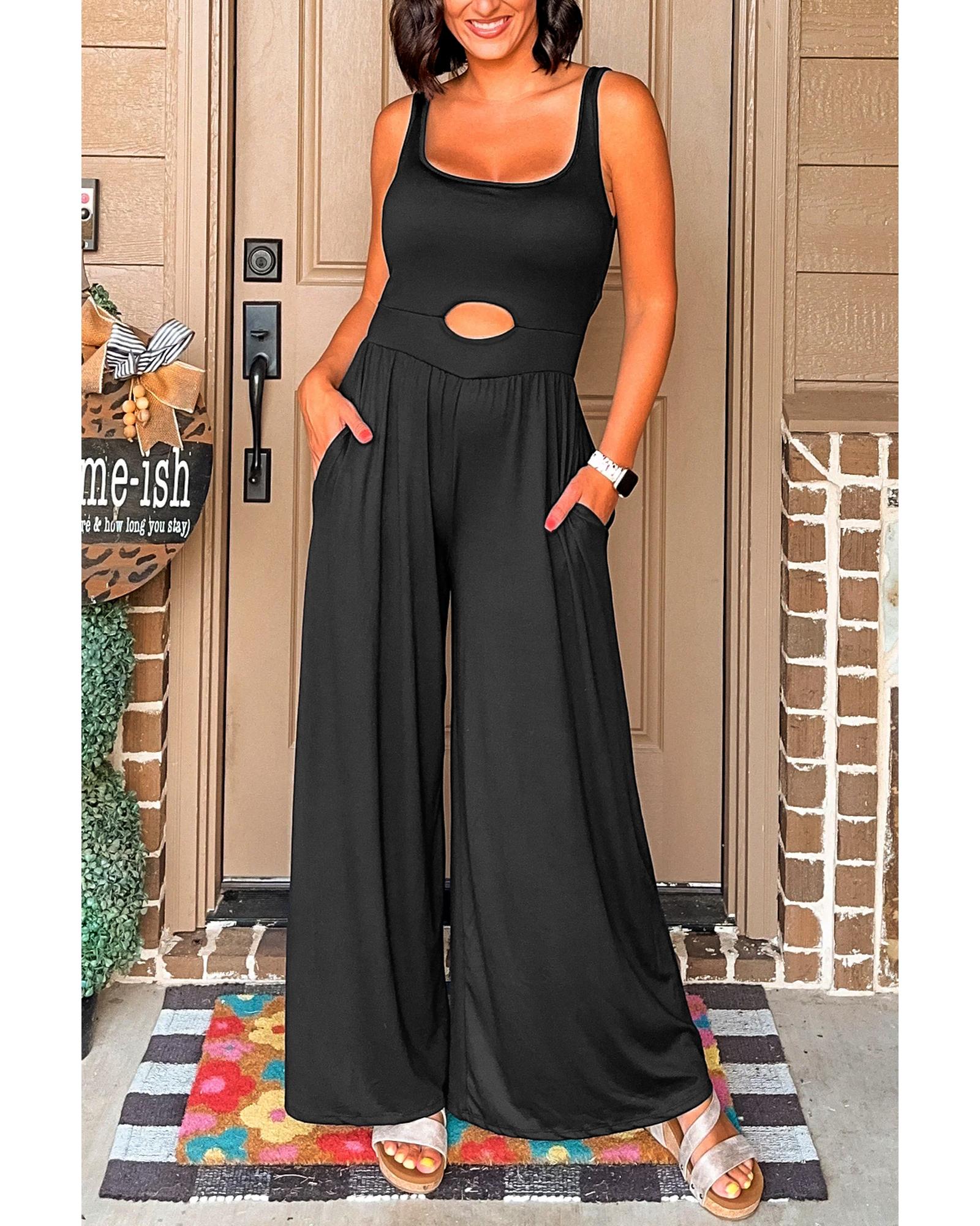 Black Peekaboo Wide Leg Square Neck Sleeveless Jumpsuit - L