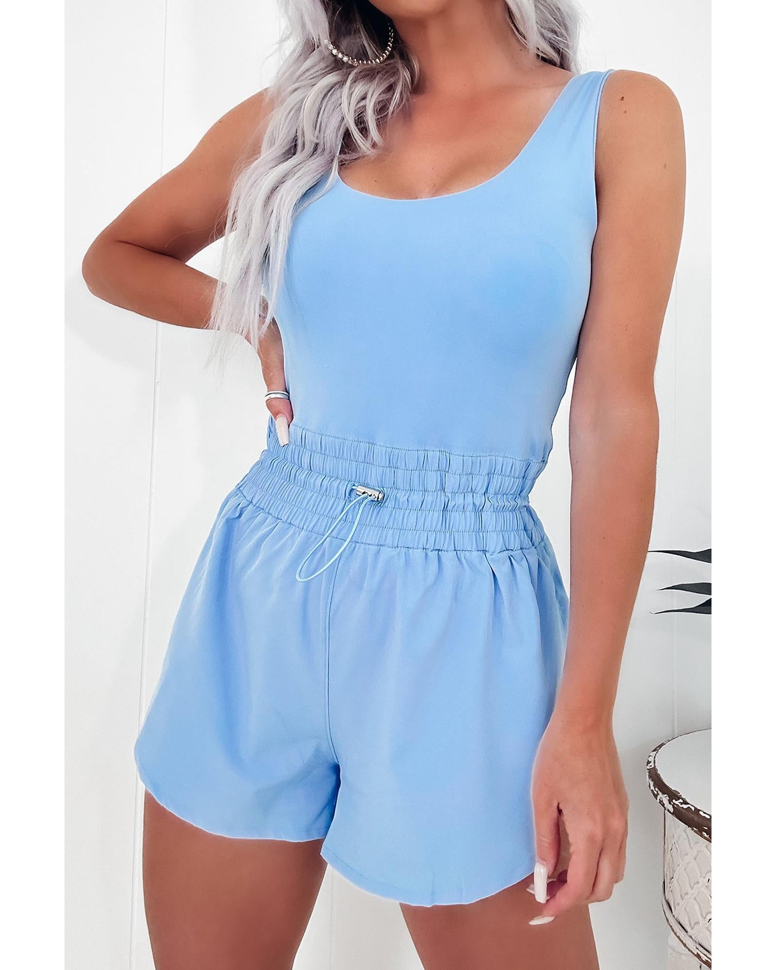 Myosotis Plain Sleeveless Loop Drawstring Cinched Waist Romper - S