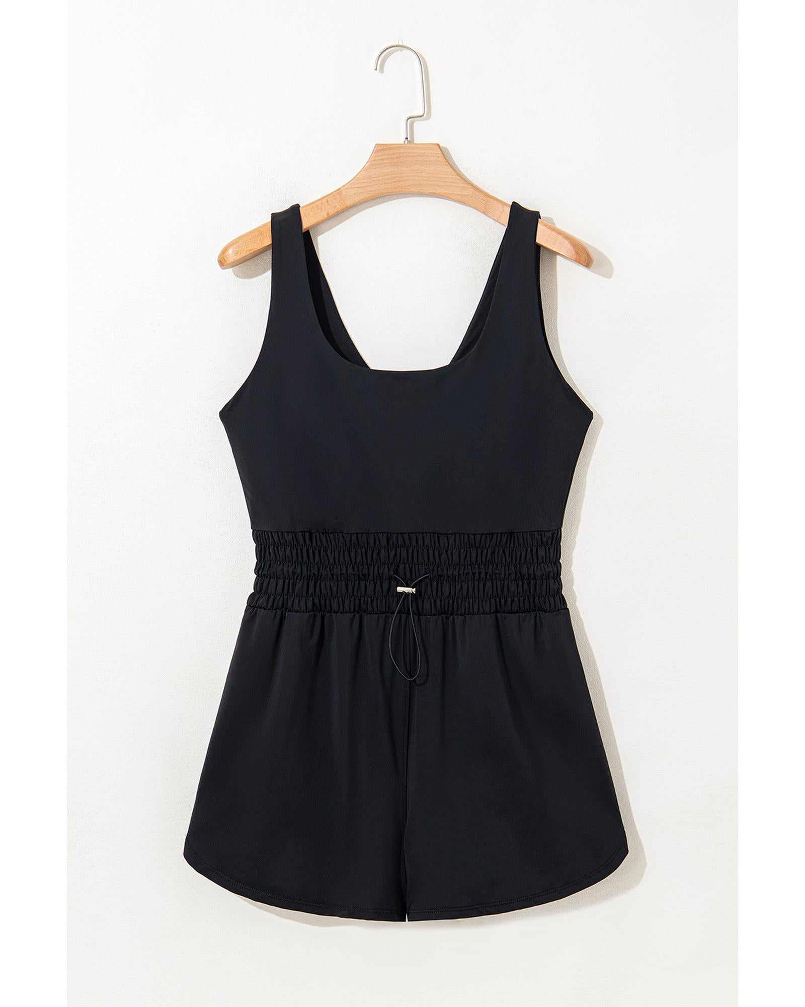 Black Plain Sleeveless Loop Drawstring Cinched Waist Romper - L
