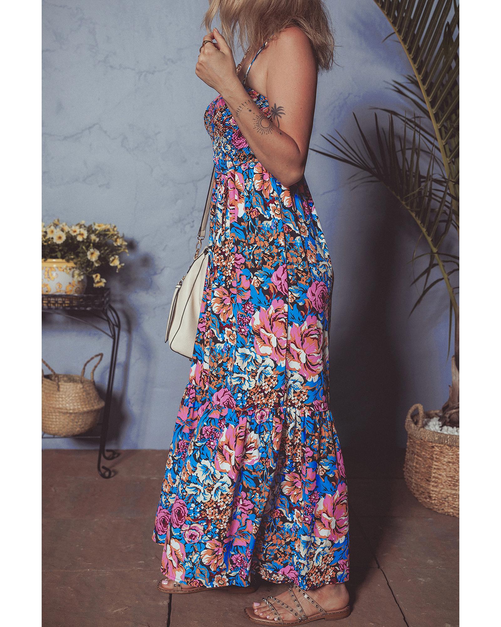 Pink Floral Smocked Bust Spaghetti Straps Wide Leg Jumpsuit - L