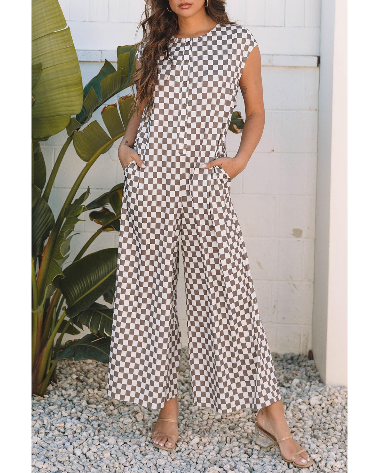 Khaki Checkered Print Buttoned Crew Neck Wide Leg Jumpsuit - L