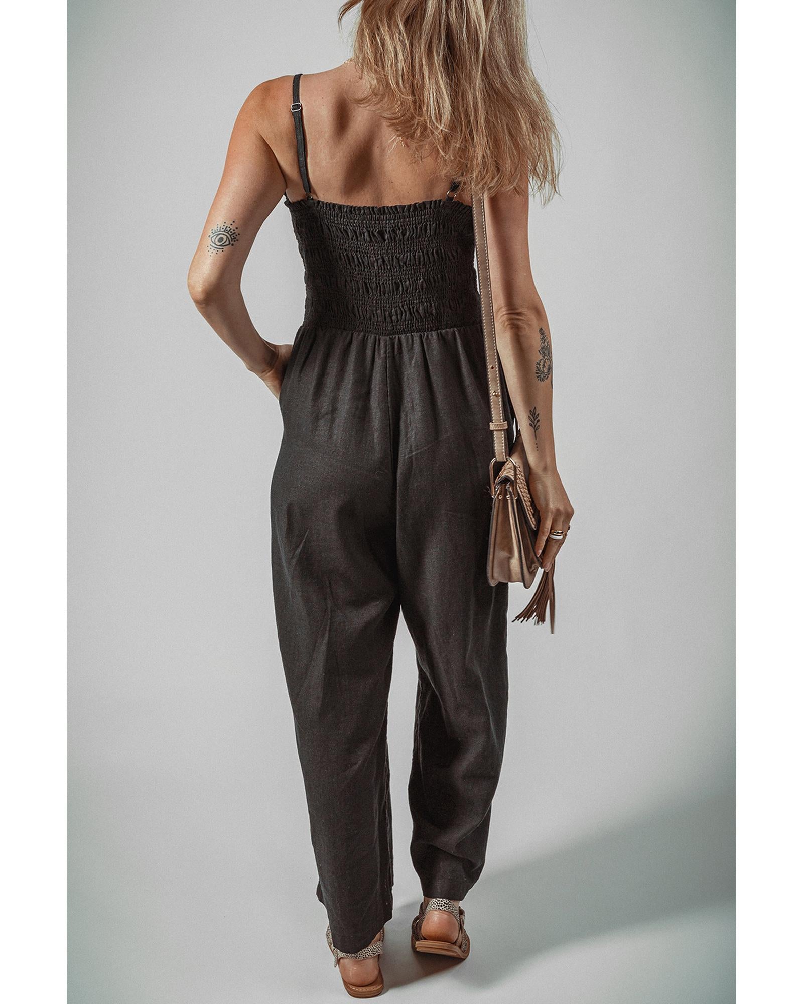 Black Spaghetti Straps Shirred Bodice Pocketed Wide Leg Jumpsuit - M