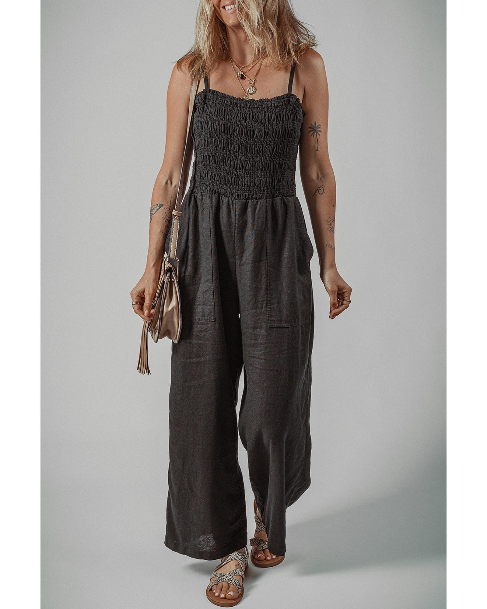 Black Spaghetti Straps Shirred Bodice Pocketed Wide Leg Jumpsuit - S