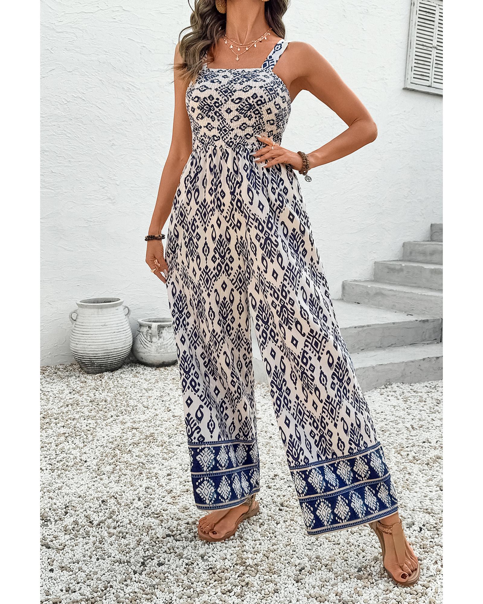 Blue Boho Geometric Print Shirred High Waist Wide Leg Jumpsuit - M