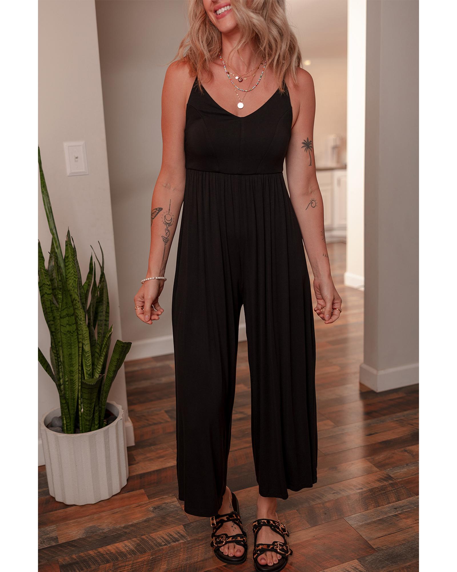 Black Spaghetti Straps Open Back Pleated Wide Leg Jumpsuit - L