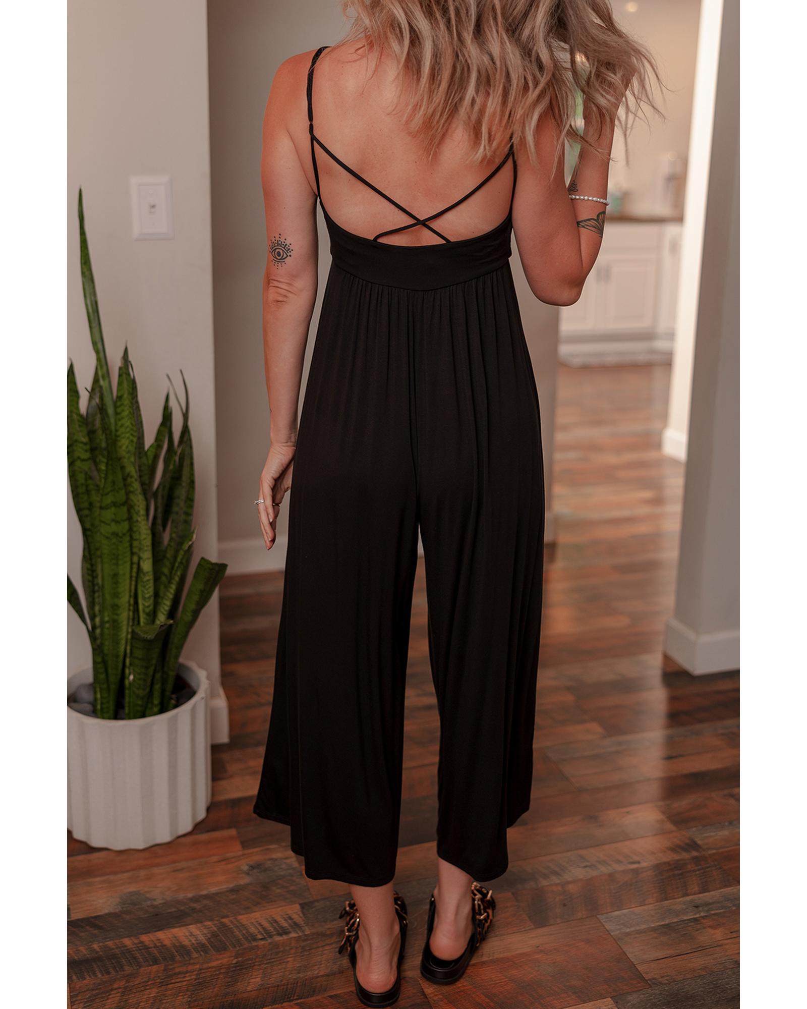 Black Spaghetti Straps Open Back Pleated Wide Leg Jumpsuit - L