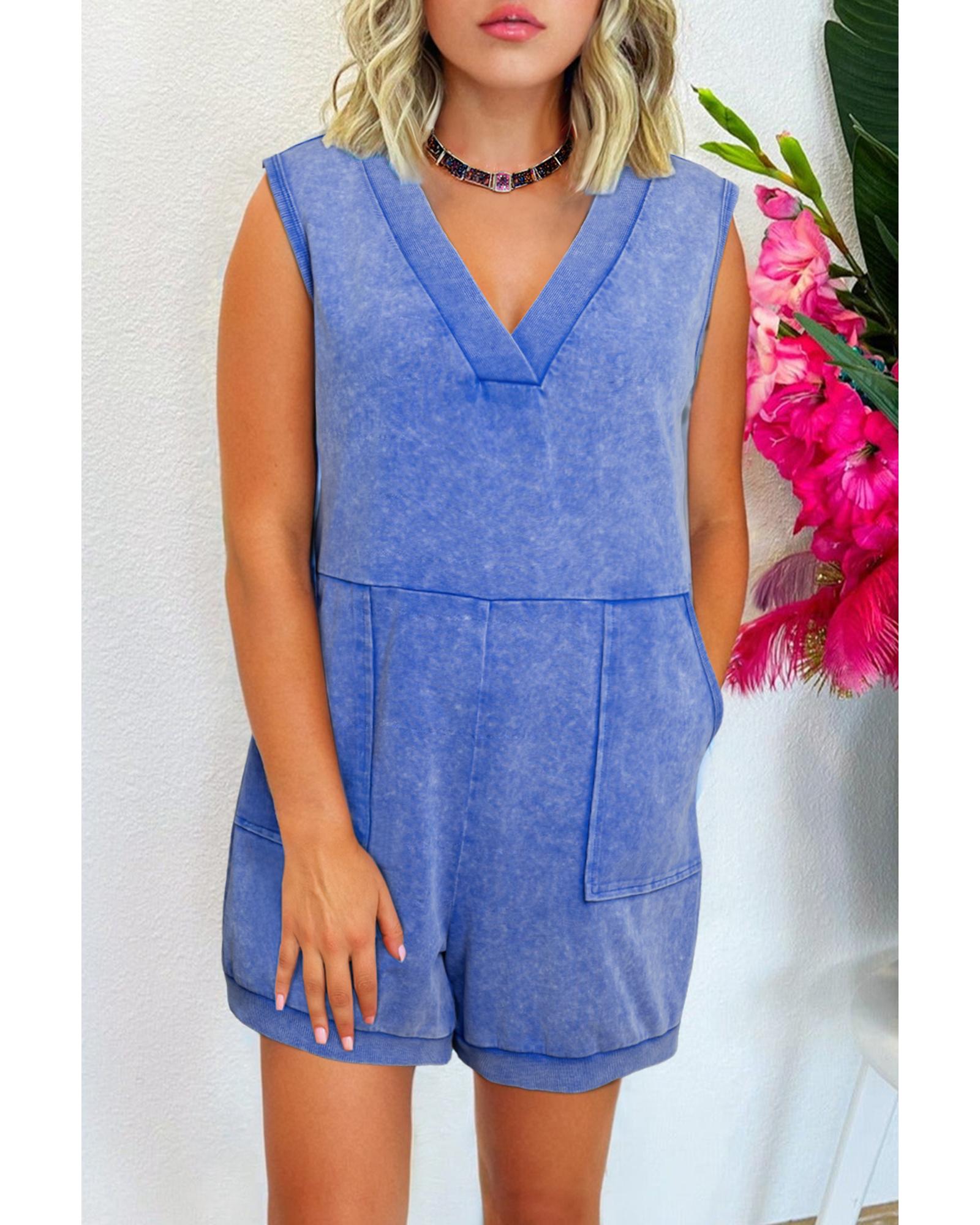 Sky Blue Mineral Wash Pocketed Sleeveless V Neck Loose Romper - S