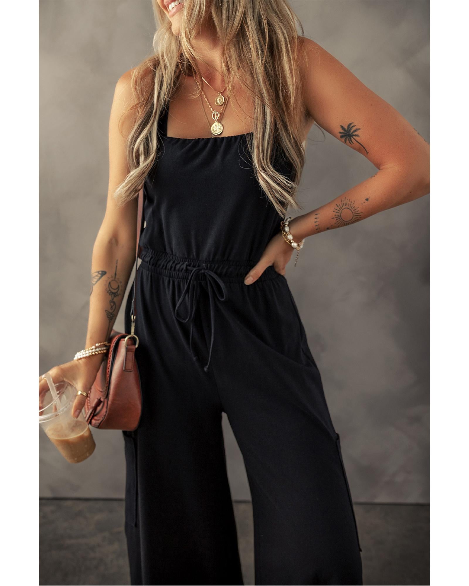 Black Drawstring Wide Leg Cargo Pockets Sleeveless Jumpsuit - M