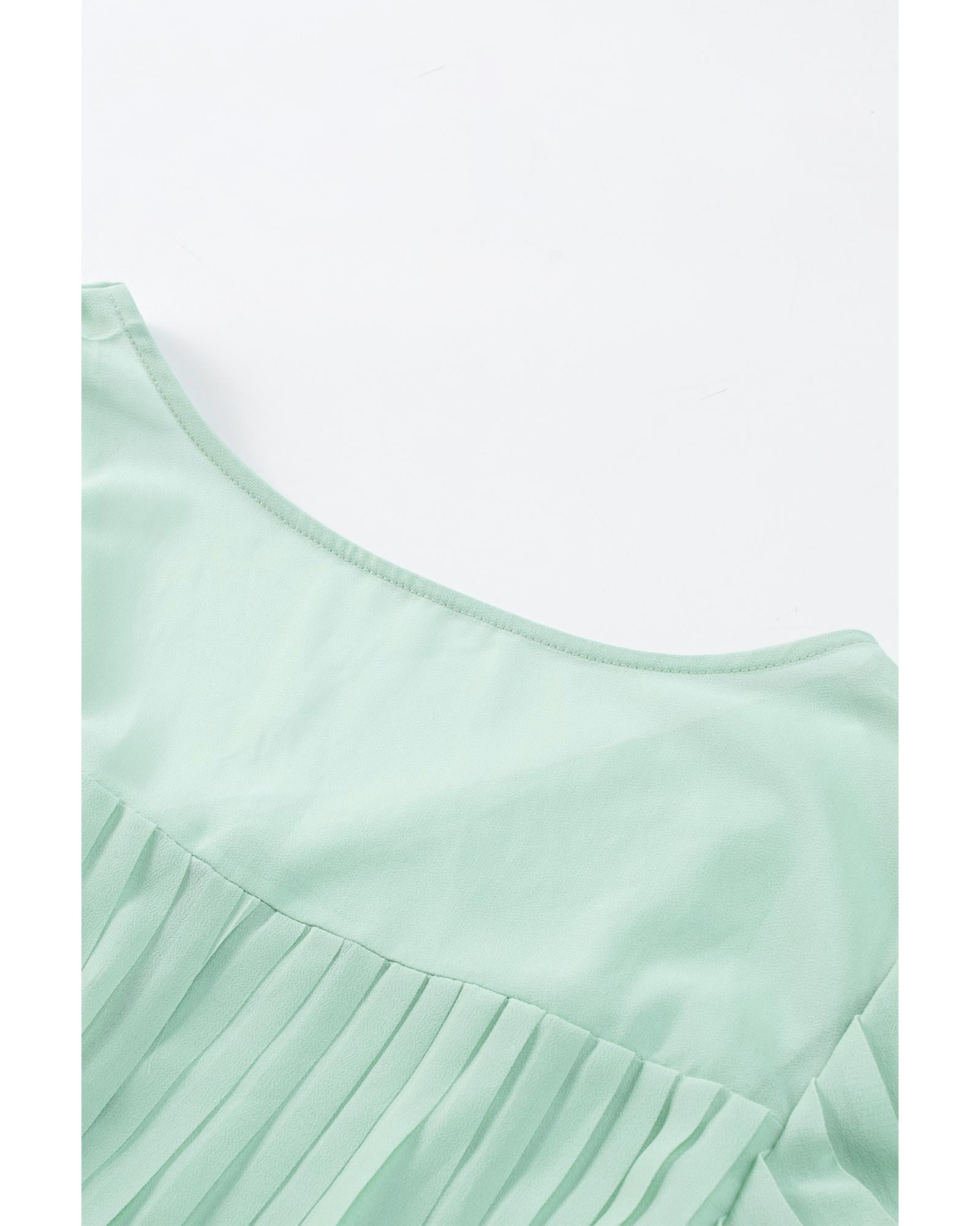 Green Pleated Ruffled Tie Waist Buttons V Neck Romper - M