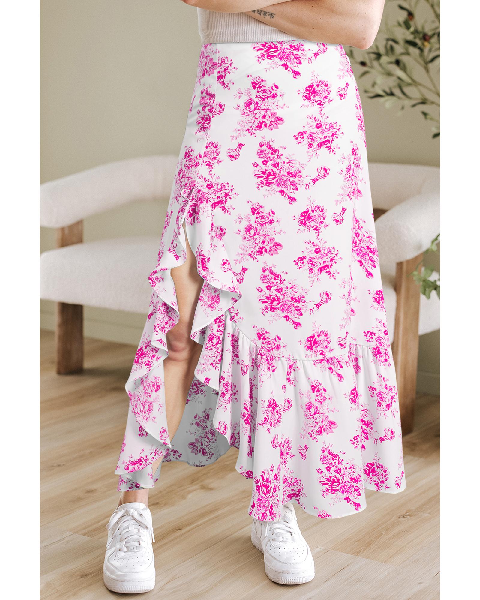 Rose Boho Floral High Waist Ruffle Split Maxi Skirt - XL
