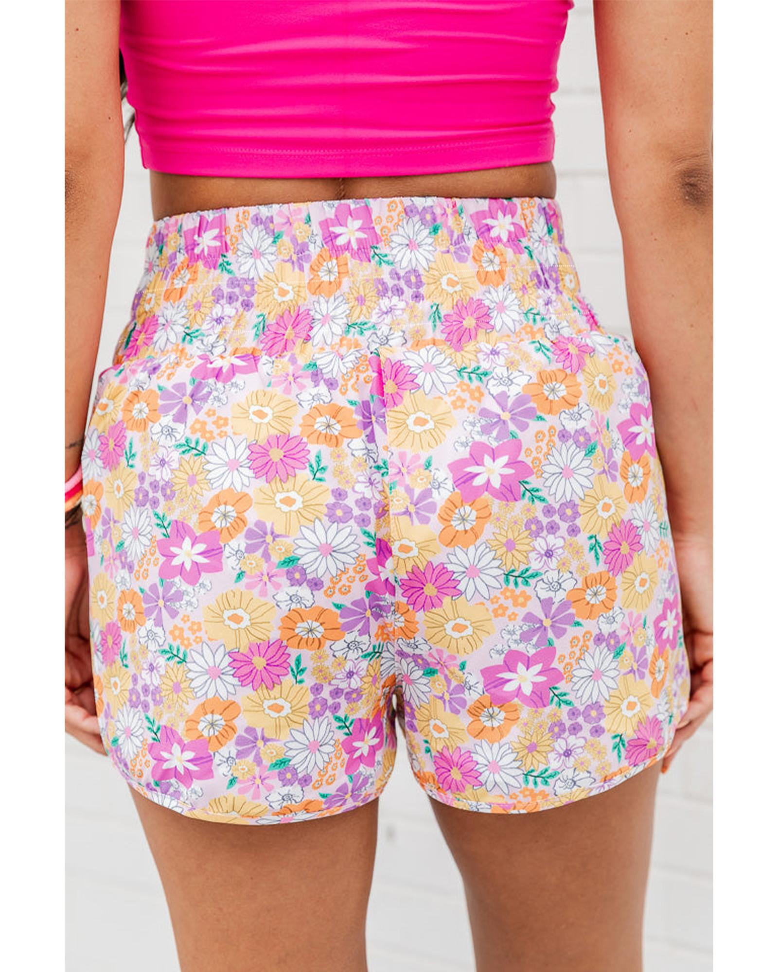 Pink Boho Floral Shirred High Waist Casual Shorts - S