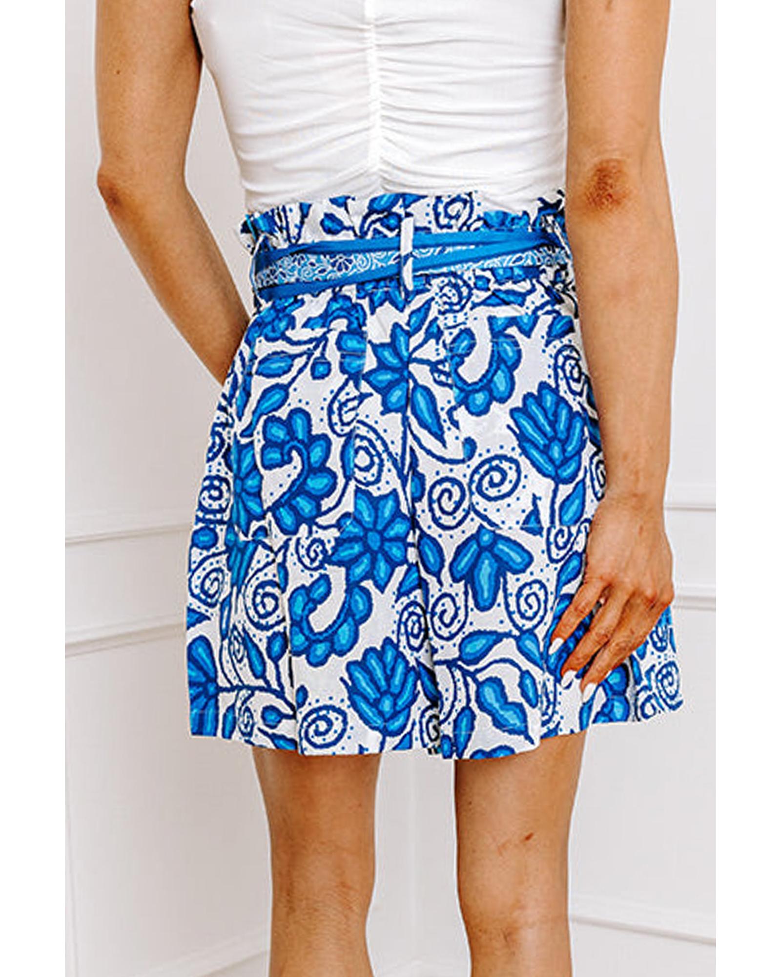 Blue Floral Print Pocketed Front Knot High Waist Casual Shorts - L
