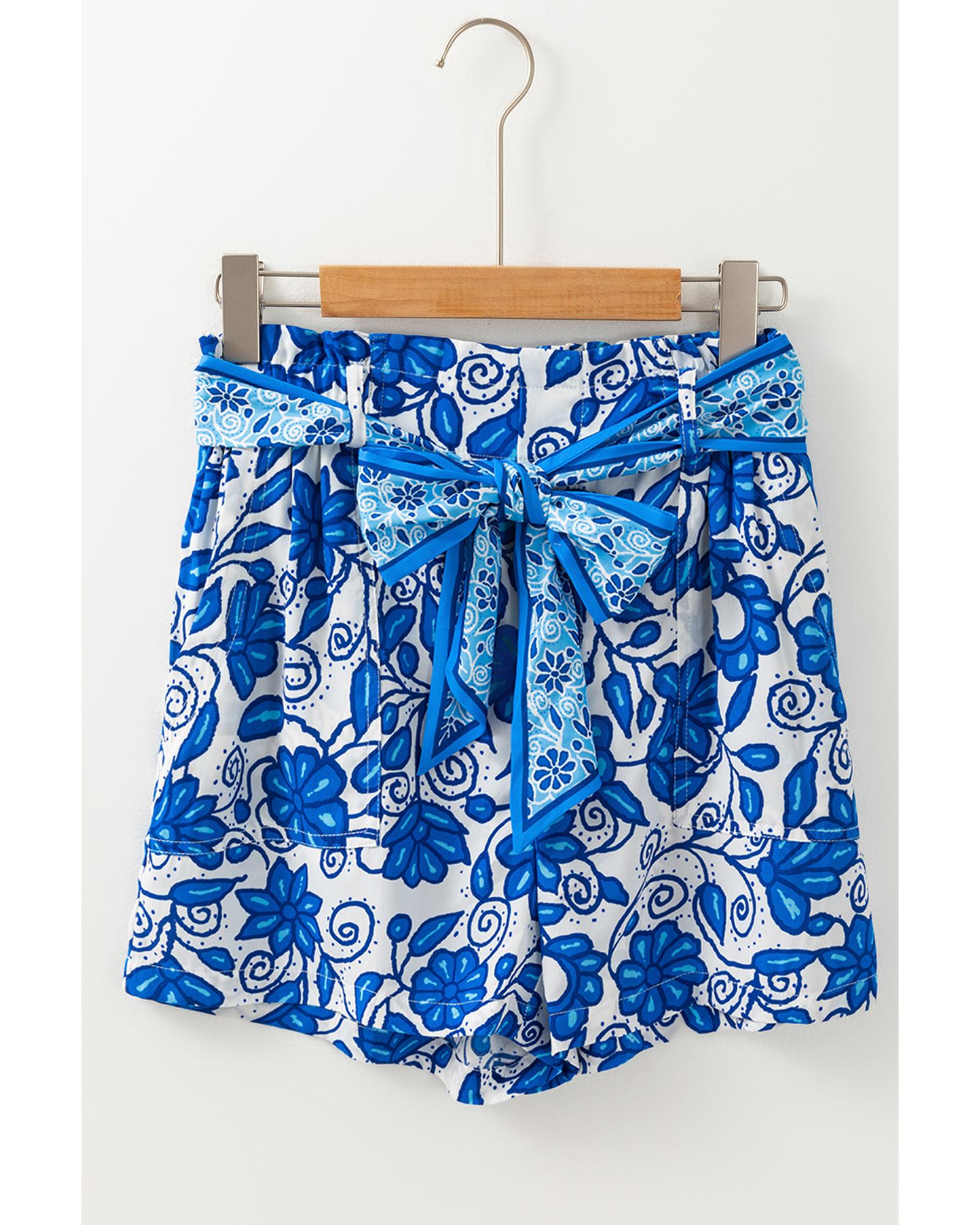 Blue Floral Print Pocketed Front Knot High Waist Casual Shorts - L