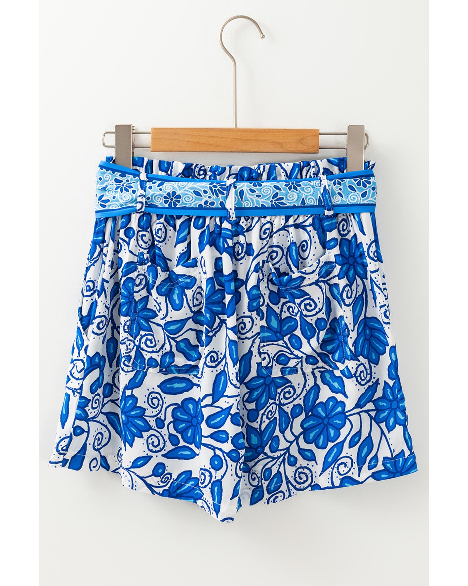 Blue Floral Print Pocketed Front Knot High Waist Casual Shorts - L