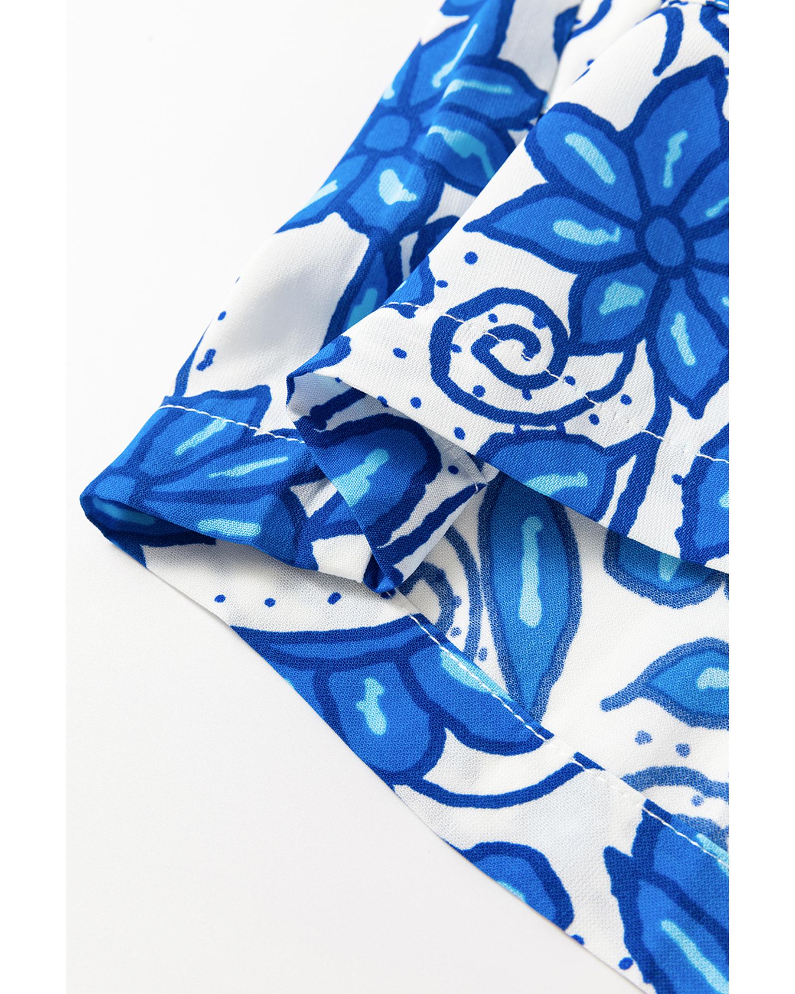 Blue Floral Print Pocketed Front Knot High Waist Casual Shorts - L