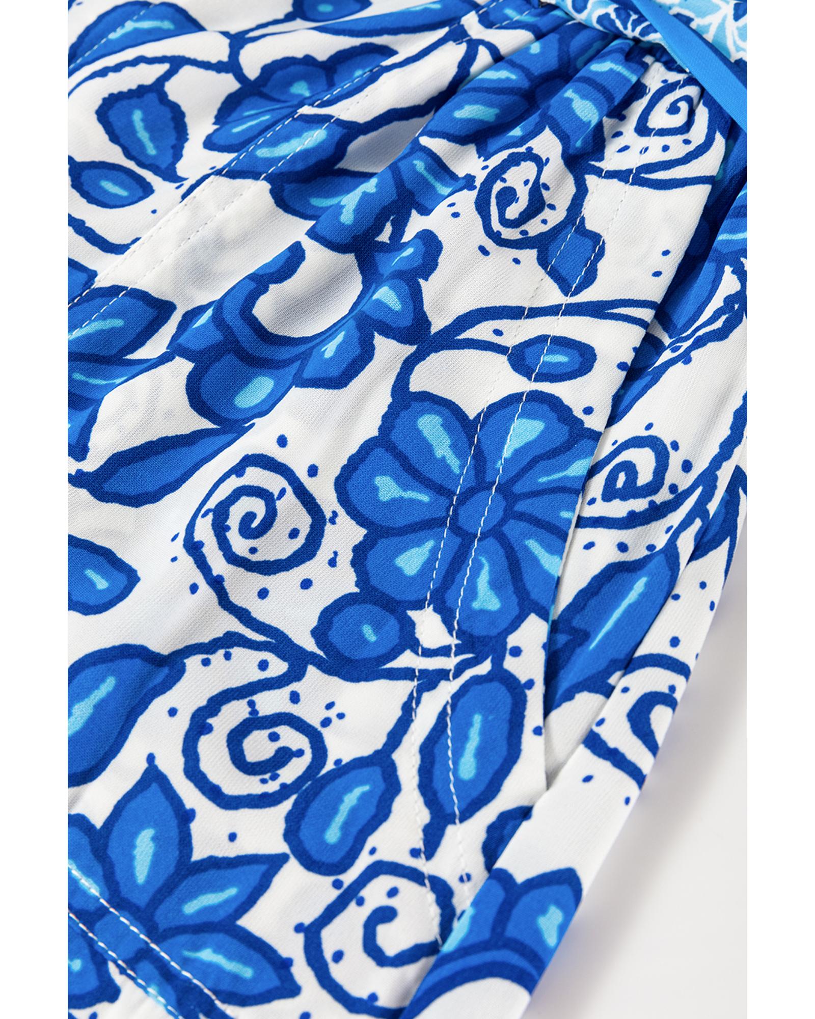 Blue Floral Print Pocketed Front Knot High Waist Casual Shorts - L