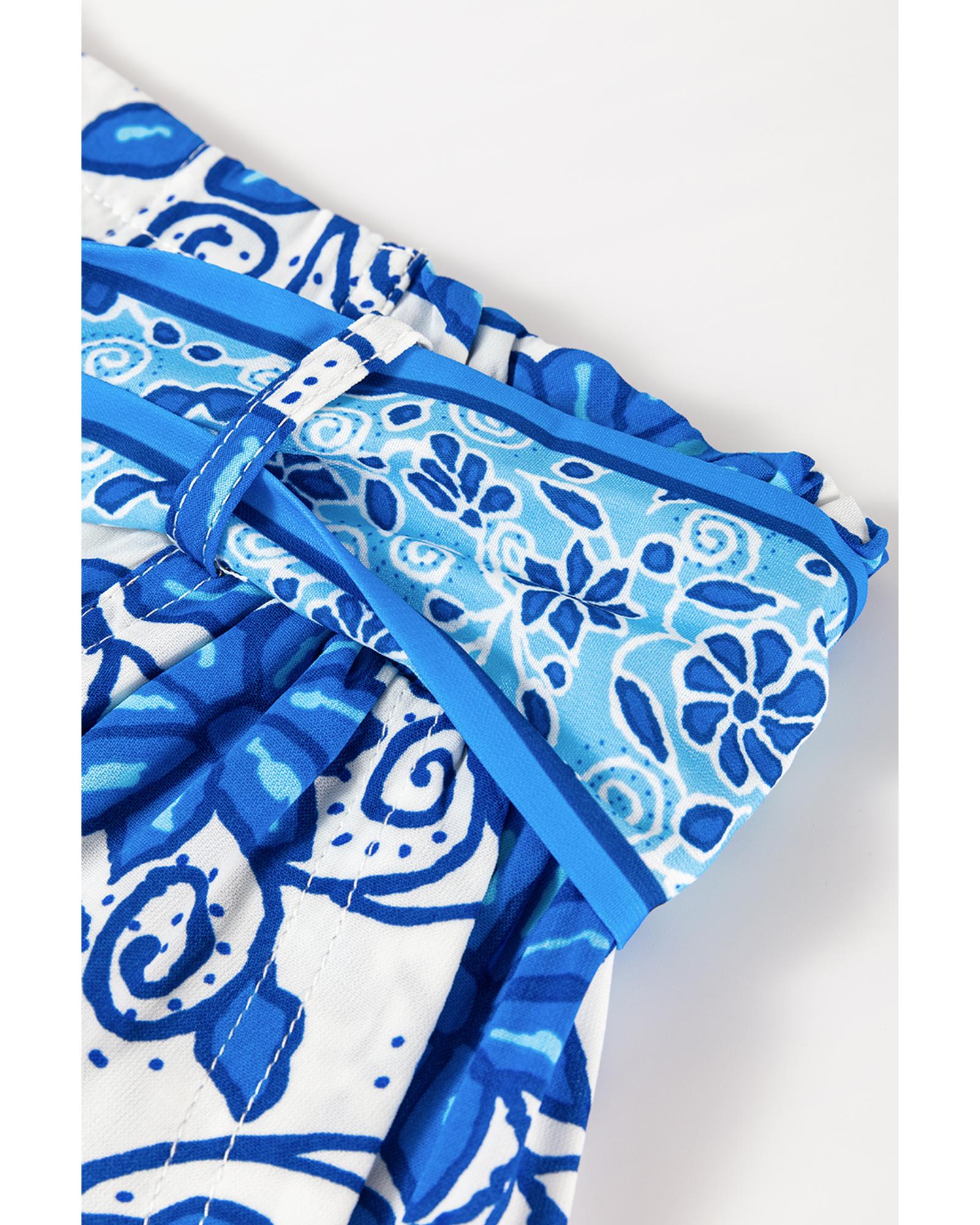 Blue Floral Print Pocketed Front Knot High Waist Casual Shorts - L