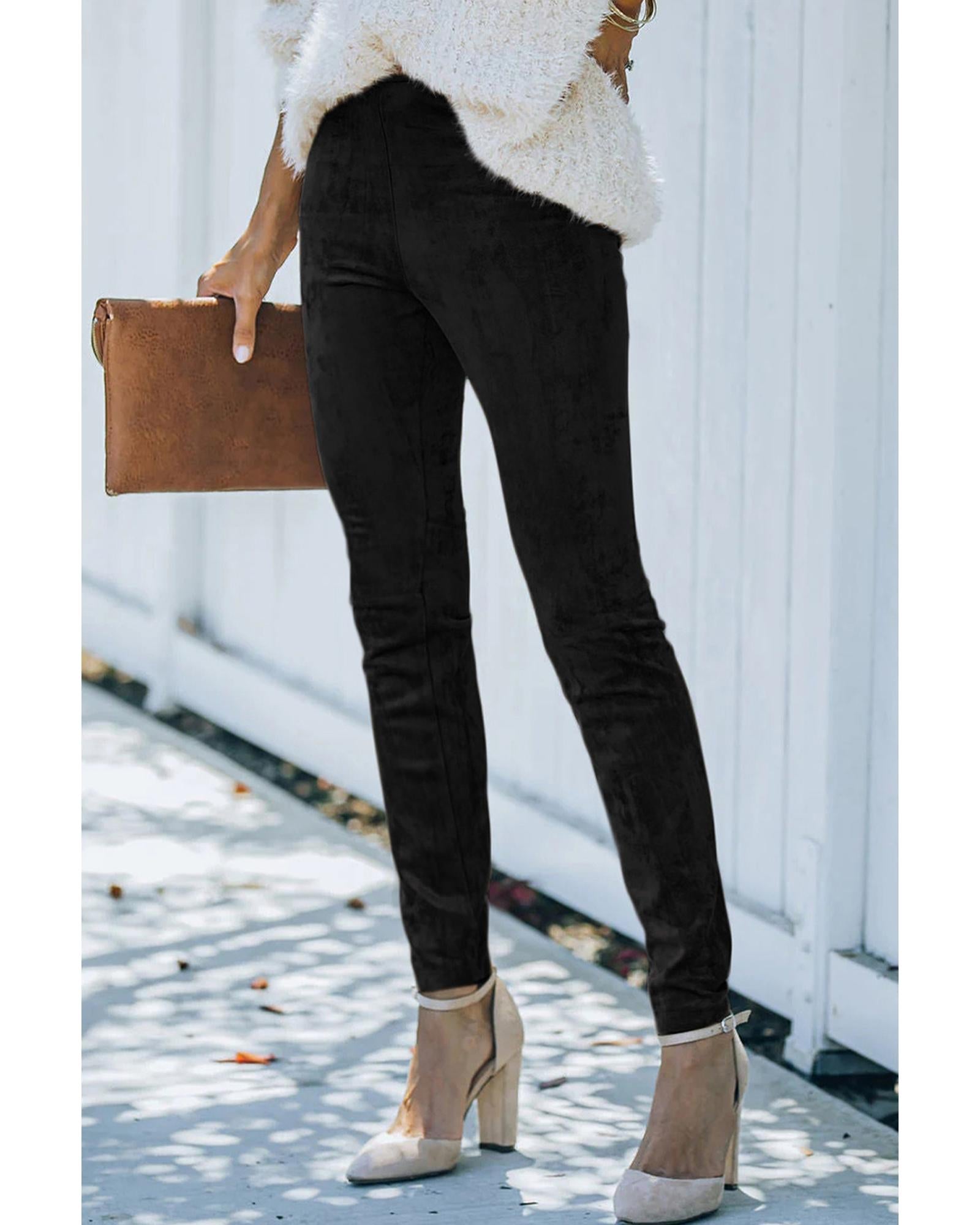 Black High Waist Faux Suede Skinny Leggings - S