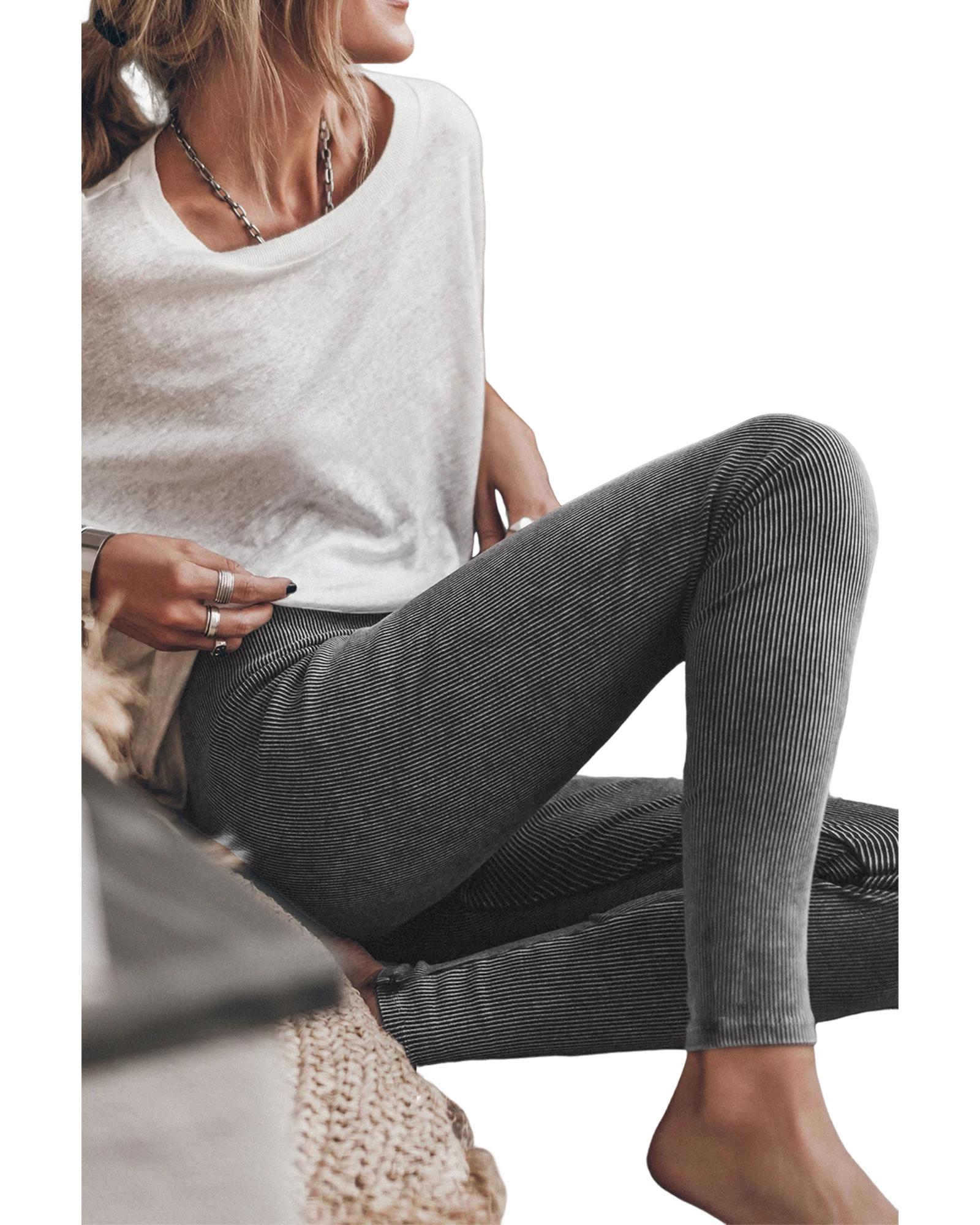 Dark Grey Vintage Wash Ribbed Leggings - L