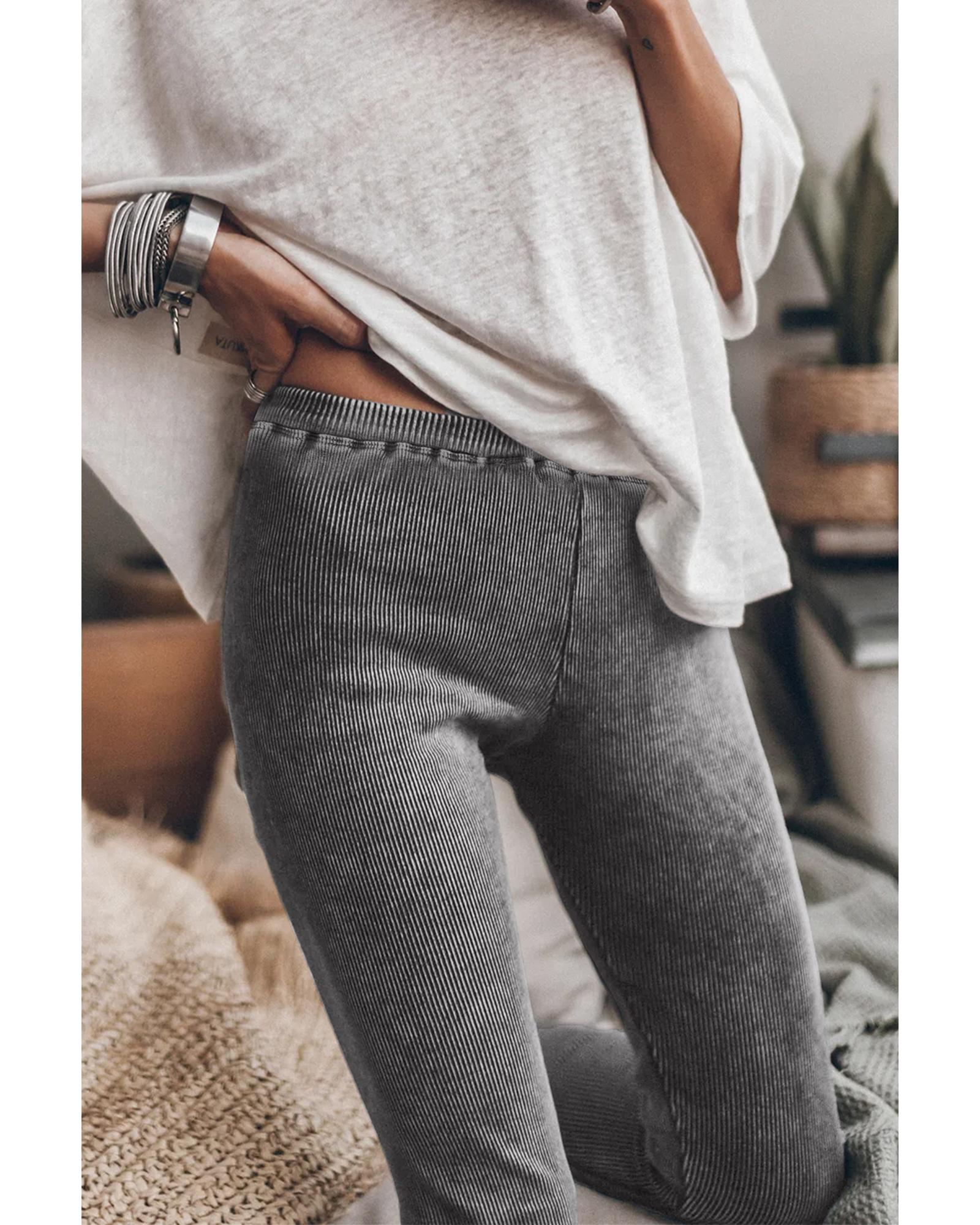 Dark Grey Vintage Wash Ribbed Leggings - XL