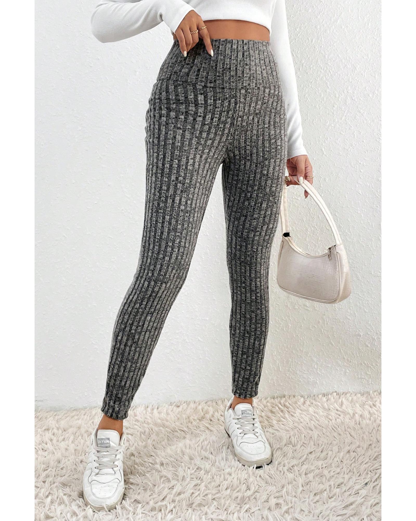 Gray Wide Waistband Ribbed Textured Knit Leggings - L