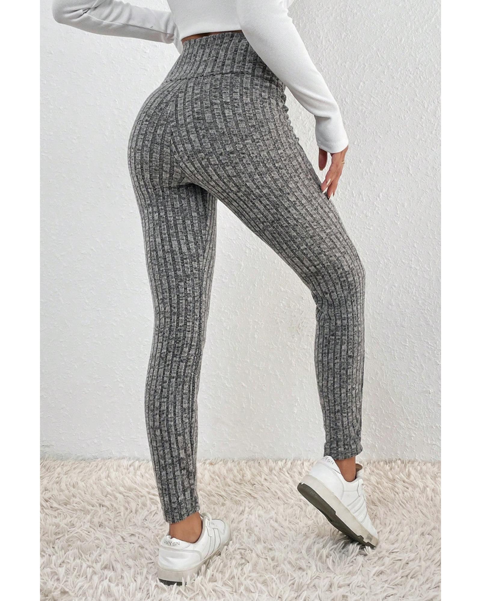 Gray Wide Waistband Ribbed Textured Knit Leggings - L