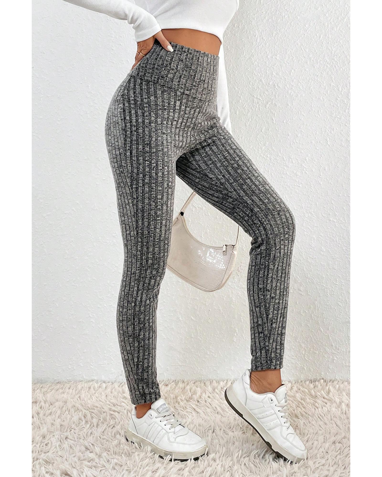 Gray Wide Waistband Ribbed Textured Knit Leggings - S