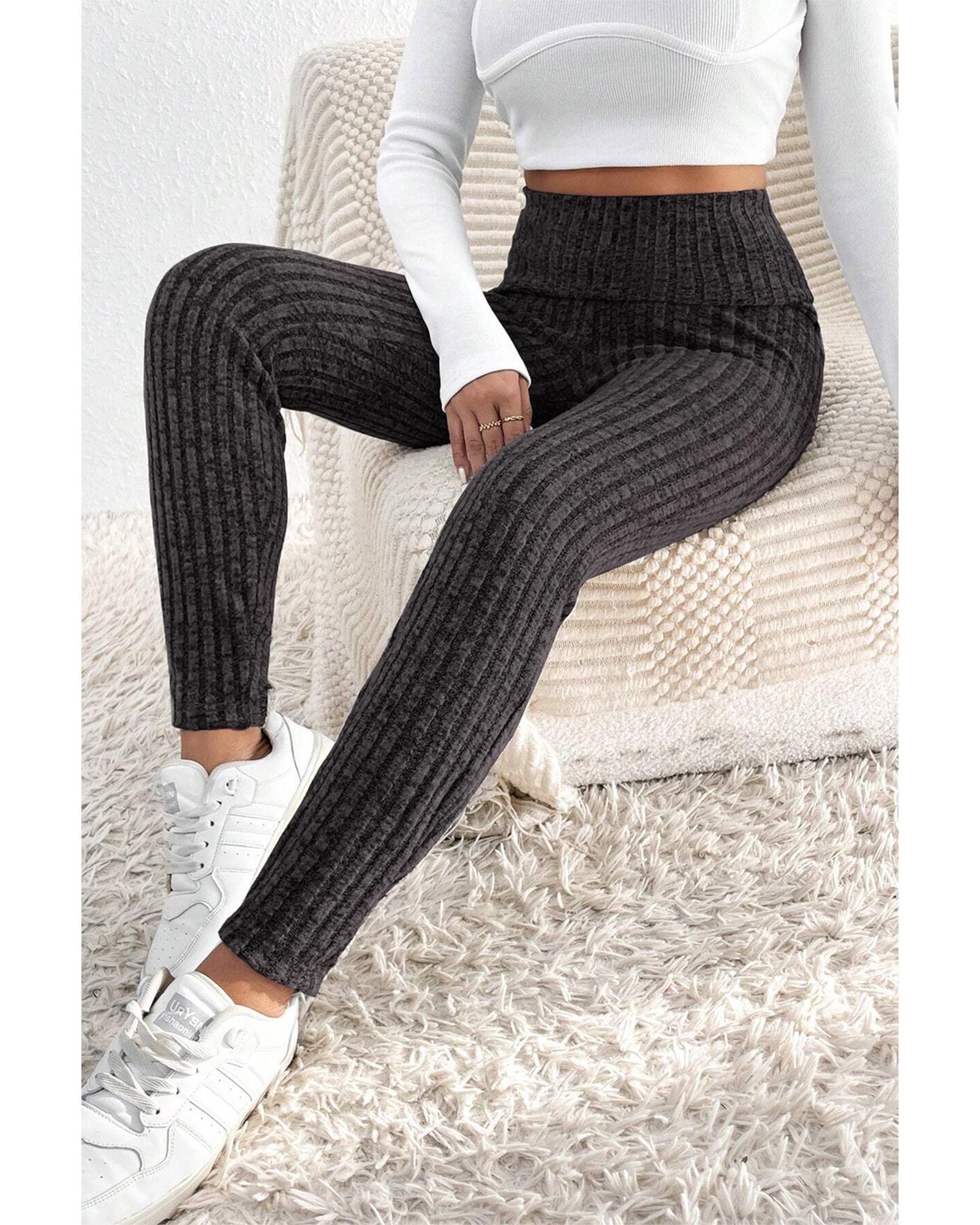 Dark Grey Wide Waistband Ribbed Textured Knit Leggings - S