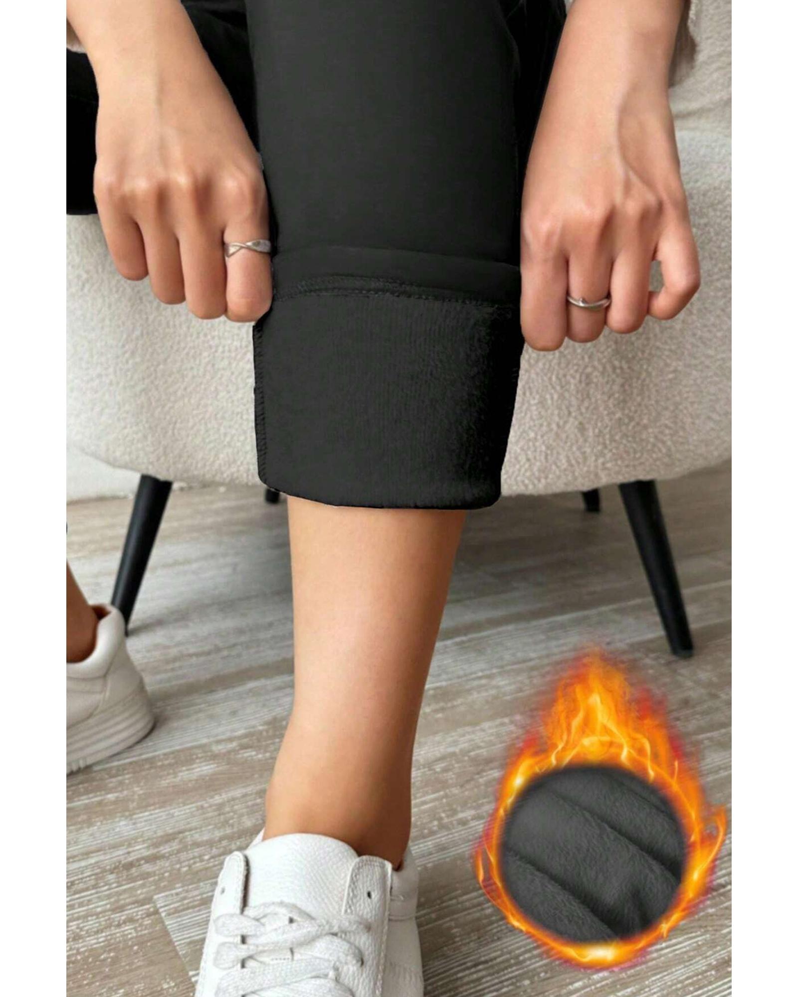 Black Thermal Lined Drawstring High Waist Leggings - L