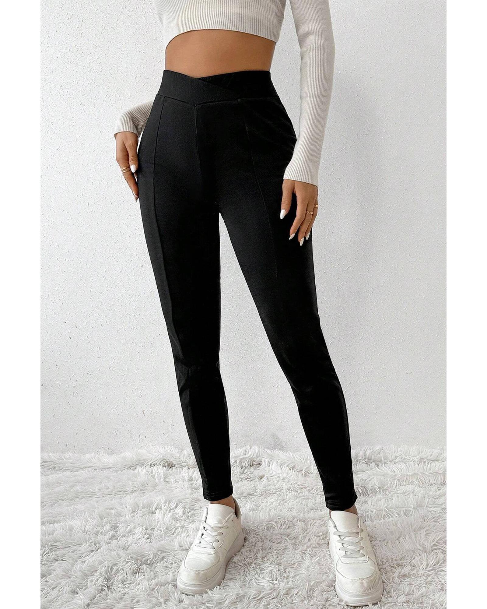 Black Crossed Waist Seamed Leg Thermal Leggings - S
