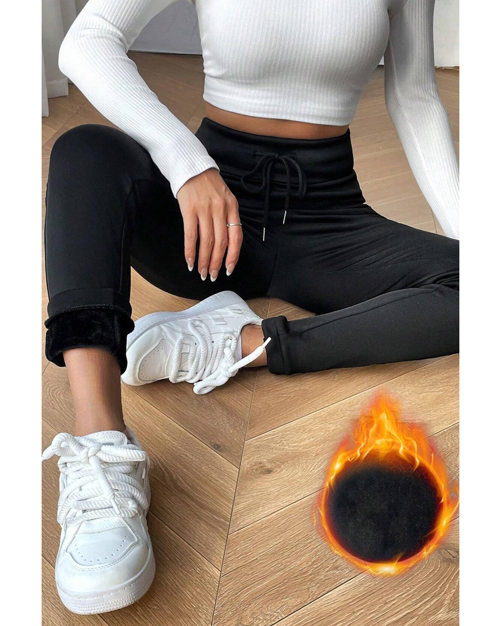 Black Solid Drawstring Waist Thermal Lined Leggings - XL