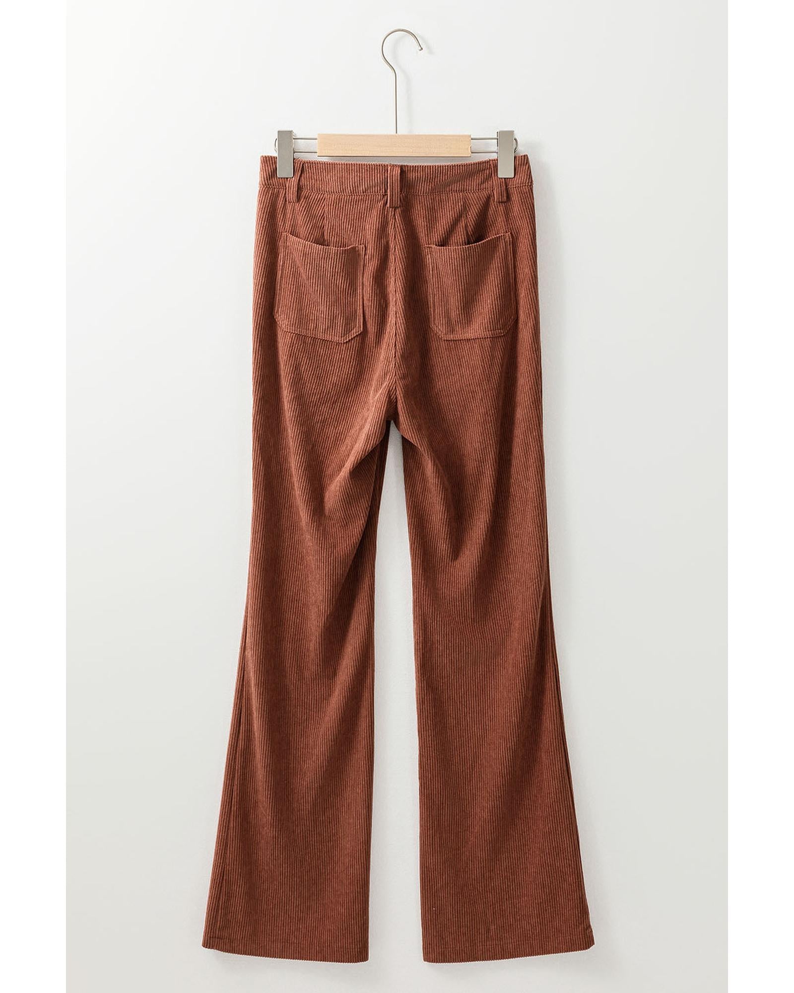 Brown High Waist Square Pockets Corduroy Pants - L