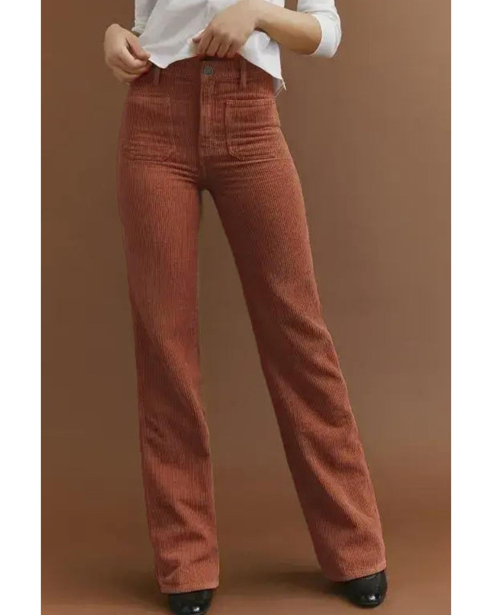 Brown High Waist Square Pockets Corduroy Pants - M