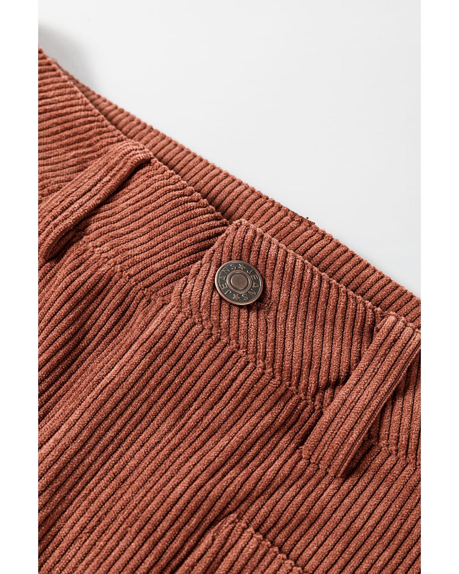 Brown High Waist Square Pockets Corduroy Pants - M