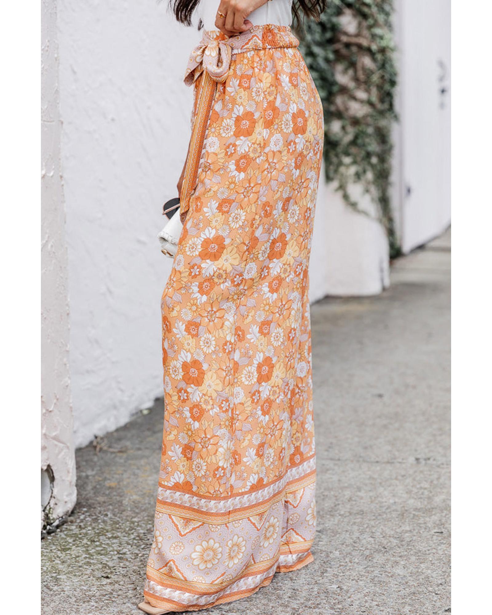 Grapefruit Orange Tie Waist Boho Floral Wide Leg Pants - L