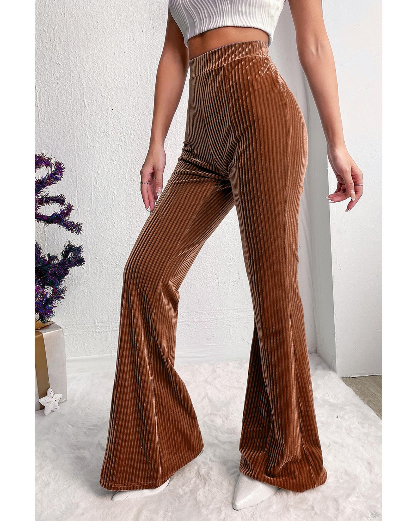 Chestnut Solid Color High Waist Flare Corduroy Pants - L