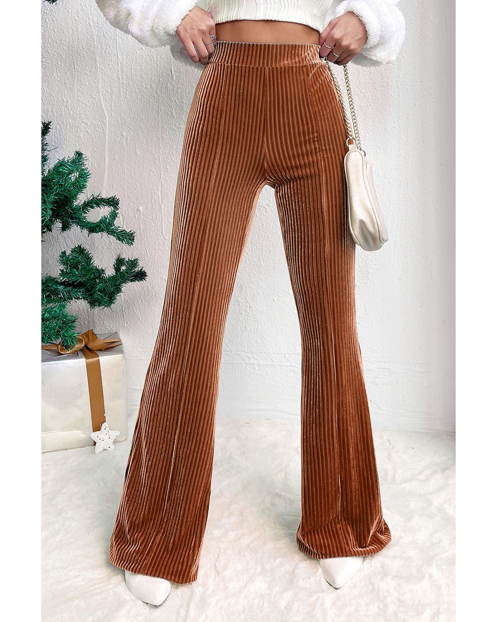 Chestnut Solid Color High Waist Flare Corduroy Pants - L
