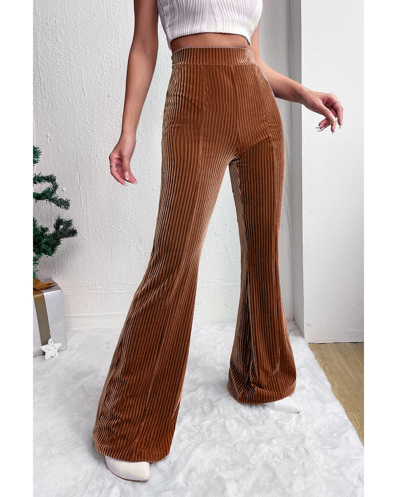 Chestnut Solid Color High Waist Flare Corduroy Pants - XL